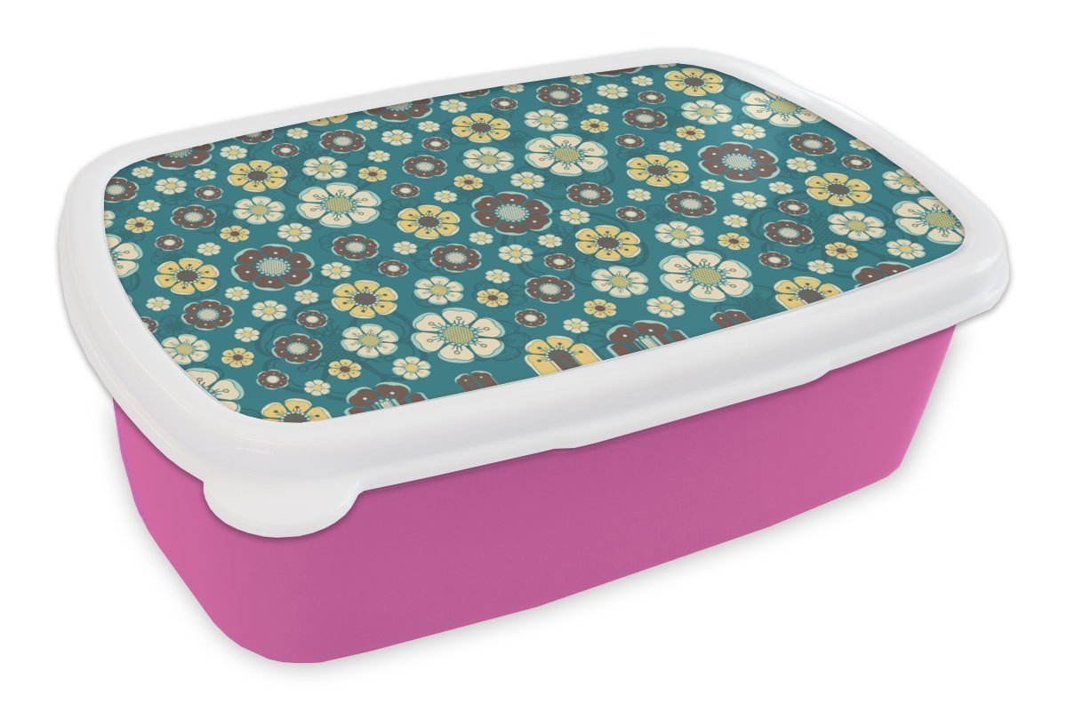 MuchoWow Lunchbox Retro - Blumen - Muster - Blau, Kunststoff, (2-tlg), Brotbox für Erwachsene, Brotdose Kinder, Snackbox, Mädchen, Kunststoff rosa