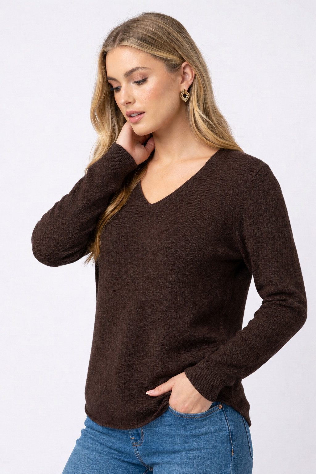 Kendindza Collection V-Ausschnitt-Pullover Damen Strickpullover V-Ausschnitt Feinstrick Basic Sweater Langarm Made in Italy - Weicher Viskose-Wolle Mix - One Size (34-36-38-40)