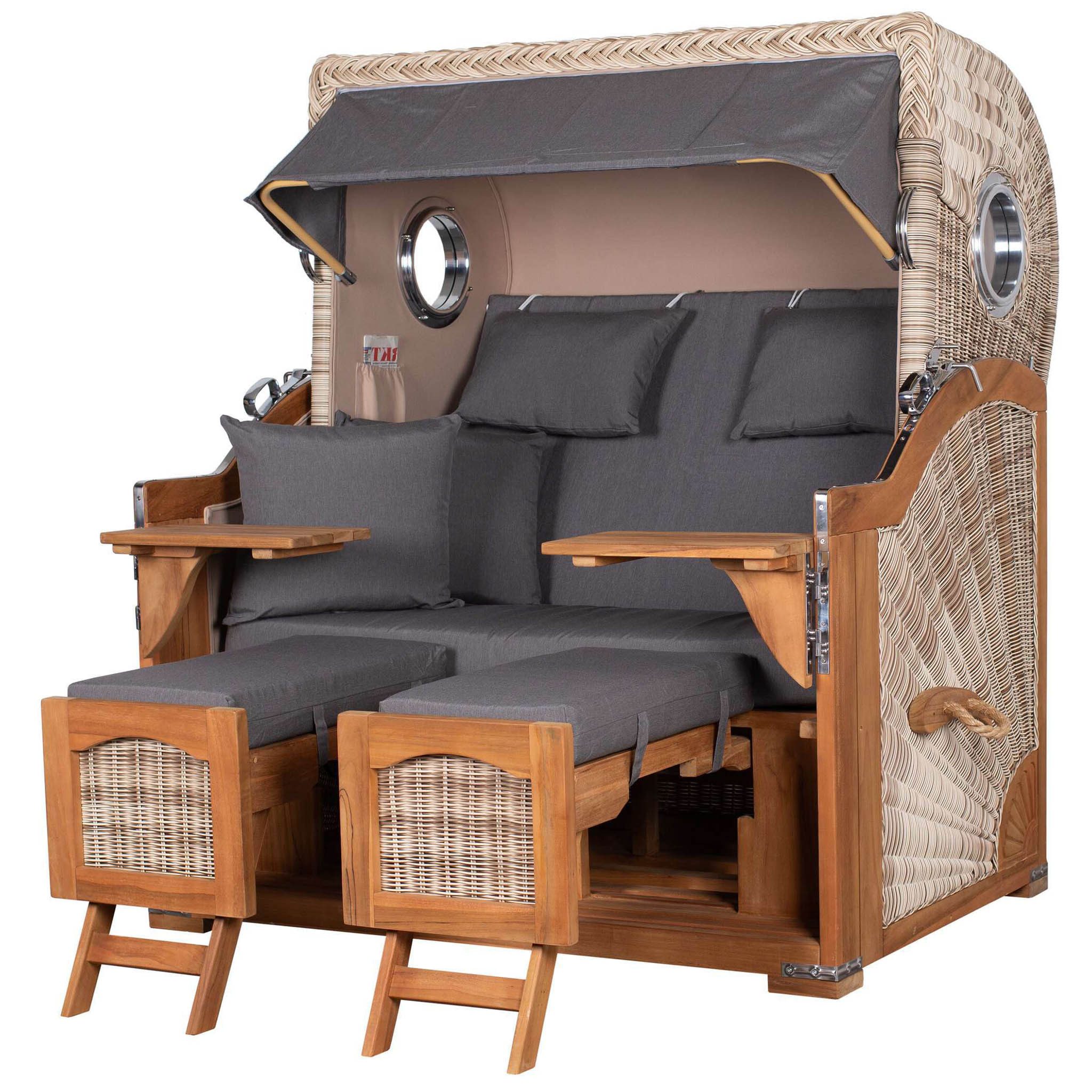 bene living Strandkorb Ammersee Grande XL 2,5-Sitzer Teak - PE shell - Modell 551, BxTxH: 142x95x165 cm, Volllieger, Ostsee-Strandkorb, (Strandkorb-Komplettset, 5-tlg., Strandkorb inkl. Liftersystem und umfangreichem Zubehör), mit Windschutzfolie, Bistrotischen und bequemer Polsterung