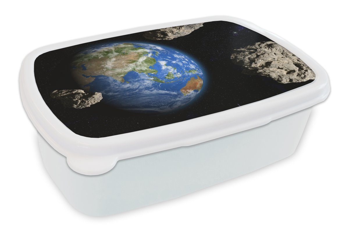 MuchoWow Lunchbox Die Erde ist von Meteoriten umgeben, Kunststoff, (2-tlg), Brotbox für Kinder und Erwachsene, Brotdose, für Jungs und Mädchen weiß
