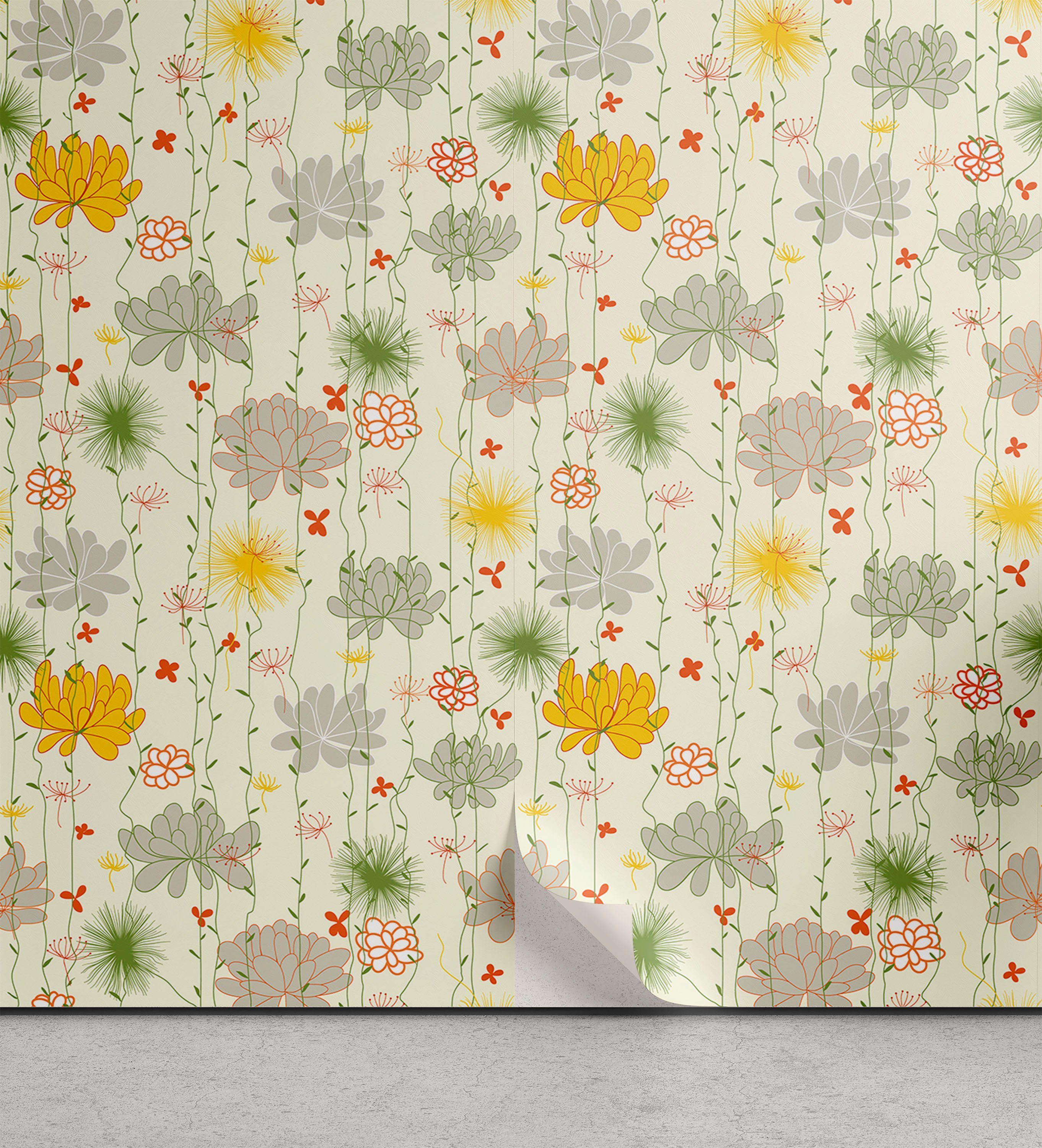 Abakuhaus Vinyltapete selbstklebendes Wohnzimmer Küchenakzent, Retro Vintage Blumenblätter