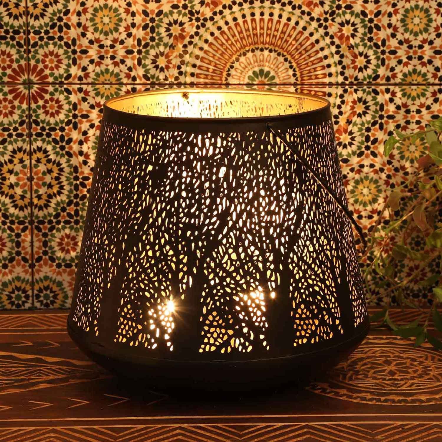 Windlicht Orientalische Laterne Como Groß Ø 28cm mit Henkel & Waldmotiv