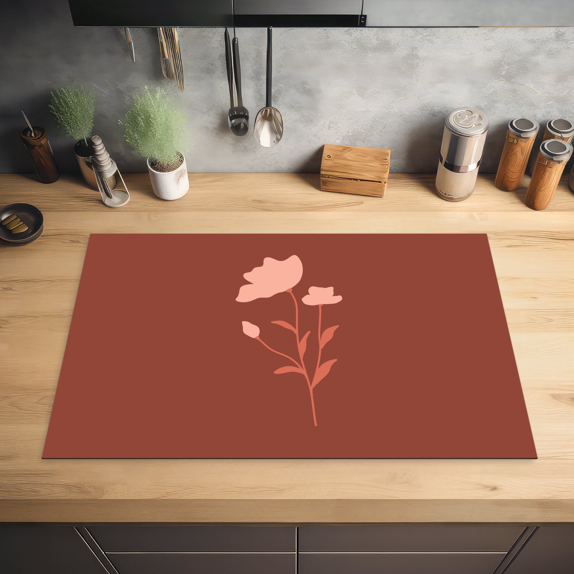 einer rosa Illustration Schutz küche, (1 Ceranfeldabdeckung 81x52 auf braunem Hintergrund, MuchoWow Herdblende-/Abdeckplatte cm, die Vinyl, Blume Induktionskochfeld tlg), für
