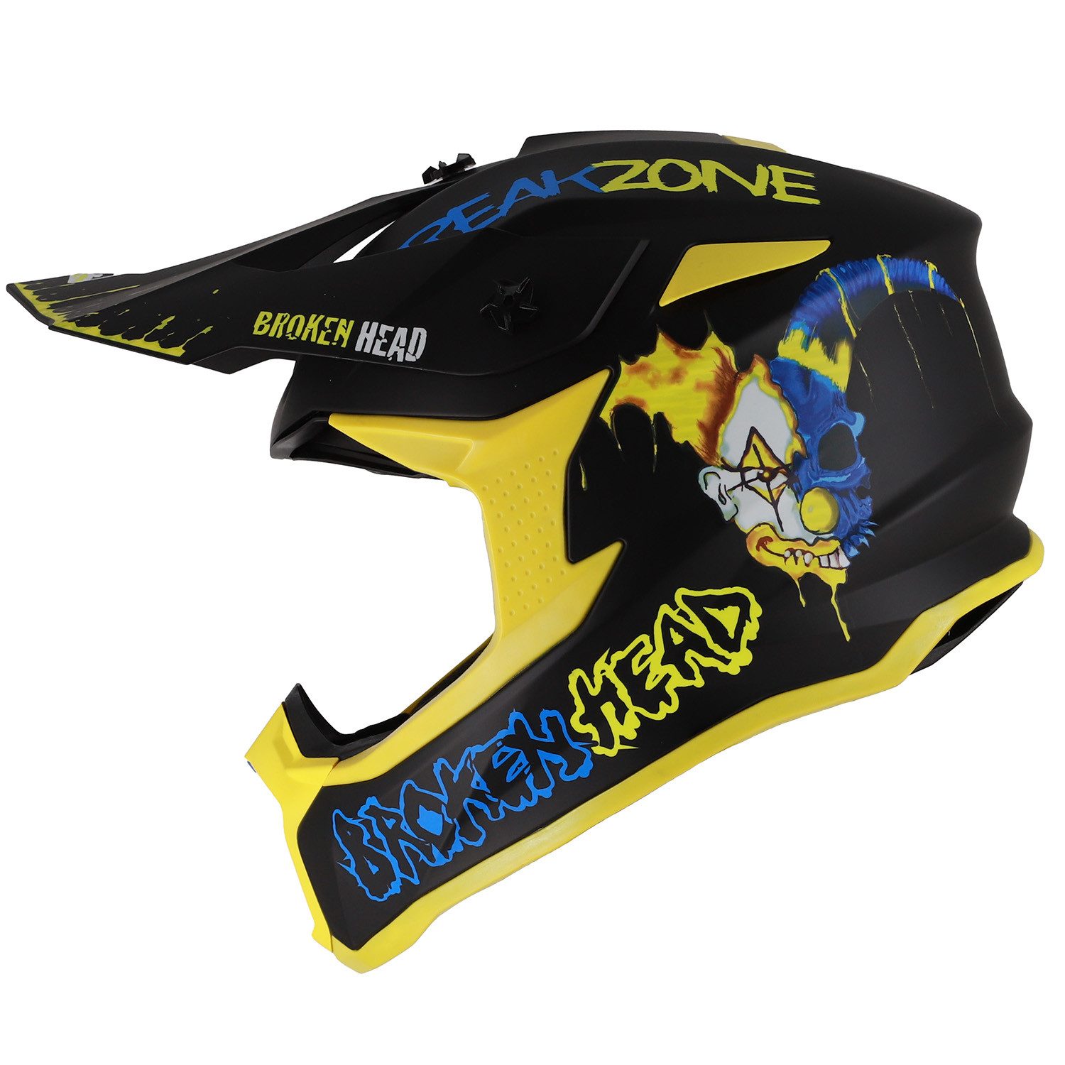 Broken Head Motocrosshelm Broken Head Supermoto und MX-Helm FreakZone Schwarz-Gelb-Blau, Auffälliges Design