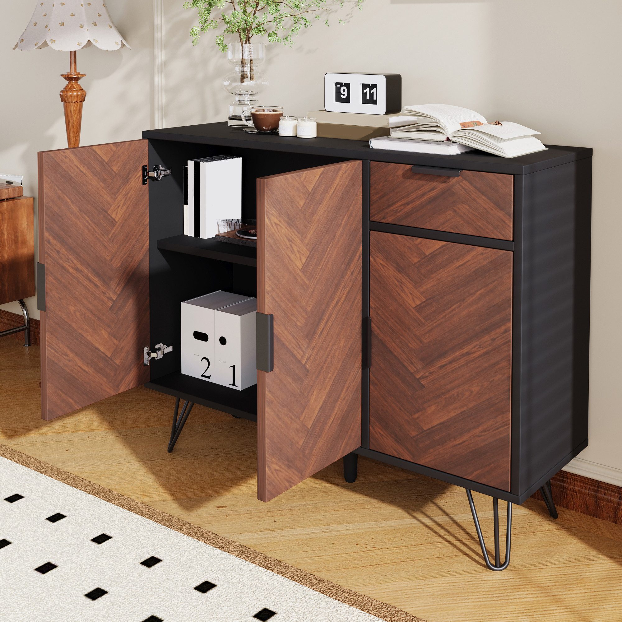 Merax Sideboard im Holzoptik mit Schubladen und 3 Türen (Wohnzimmerschrank, Highboard, Aufbewahrungsschrank mit vielseitiger Stauraum), Kommode mit höhenverstel – Bild 3 von 5