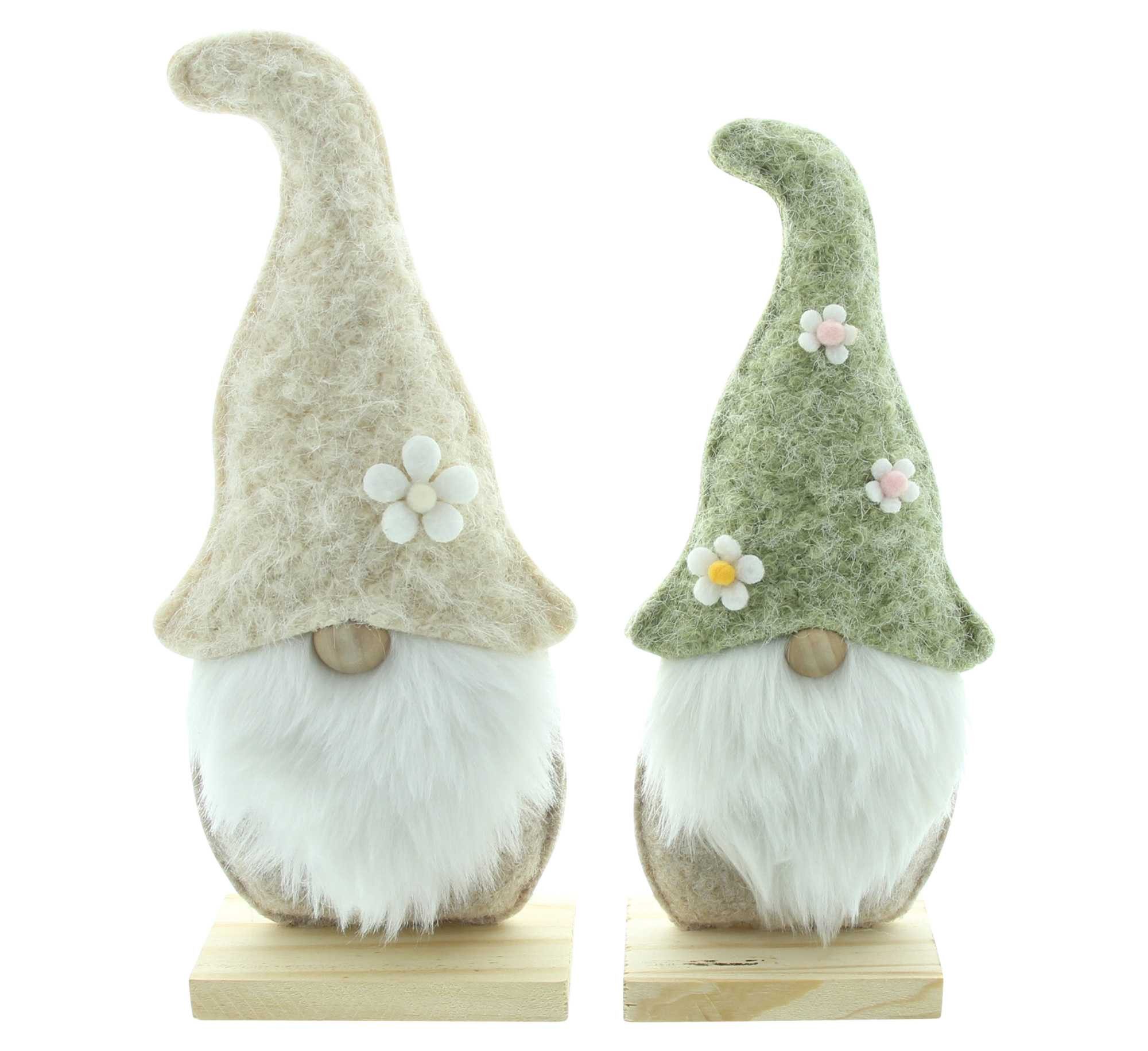 Dekoleidenschaft Wichtel "Blumenmütze" aus Filz 28 + 30 cm hoch, Holz Sockel, Dekofiguren (2 St., im Set), Dekowichtel aus recyceltem PET für Wohnzimmer