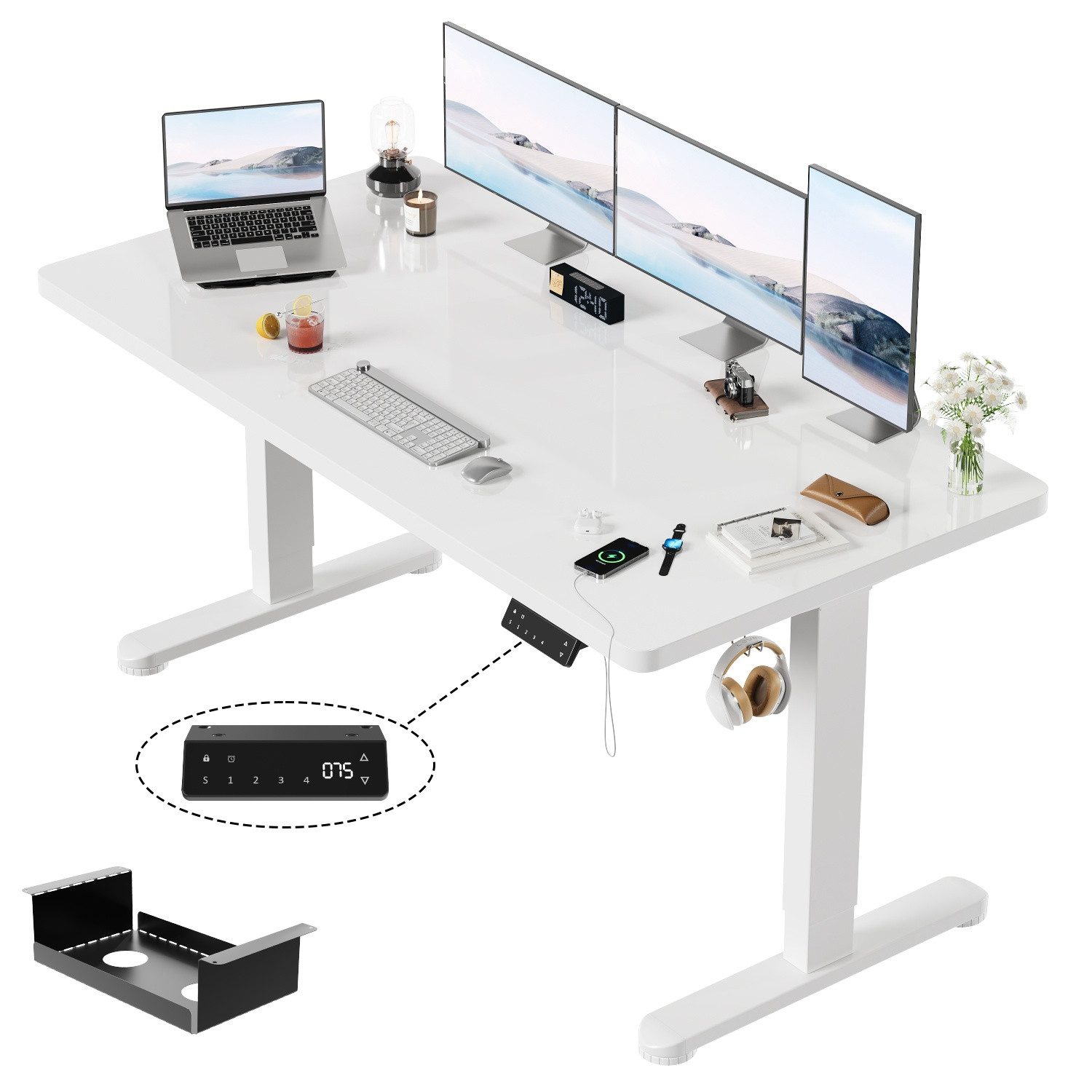 HOMALL Schreibtisch Höhenverstellbarer Elektrisch mit 25mm starker einteiliger Tischplatte (Maße: 140 × 70 / 160 × 80 / 180 × 80, ausgestattet mit zwei Motoren und zwei Querträgern, mit Kabelmanagementbox, maximale Tragkraft 120 kg, mit Weckfunktion und Kindersicherung)