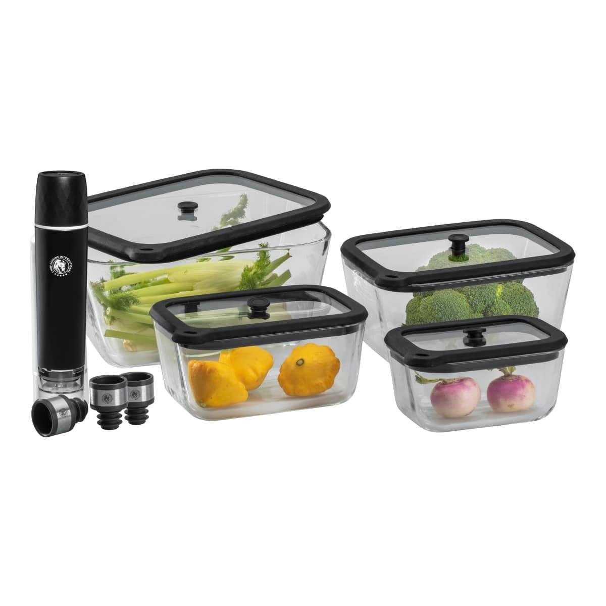 CHEF CUISINE International Vakuumbehälter Vakuum Set 4 Glasbehälter + Pumpe + 3er Set Weinverschluss, (8-tlg., Vakuum Set aus 4 Glasbehälter + Vakuum Pumpe + 3er Set Weinverschluss)