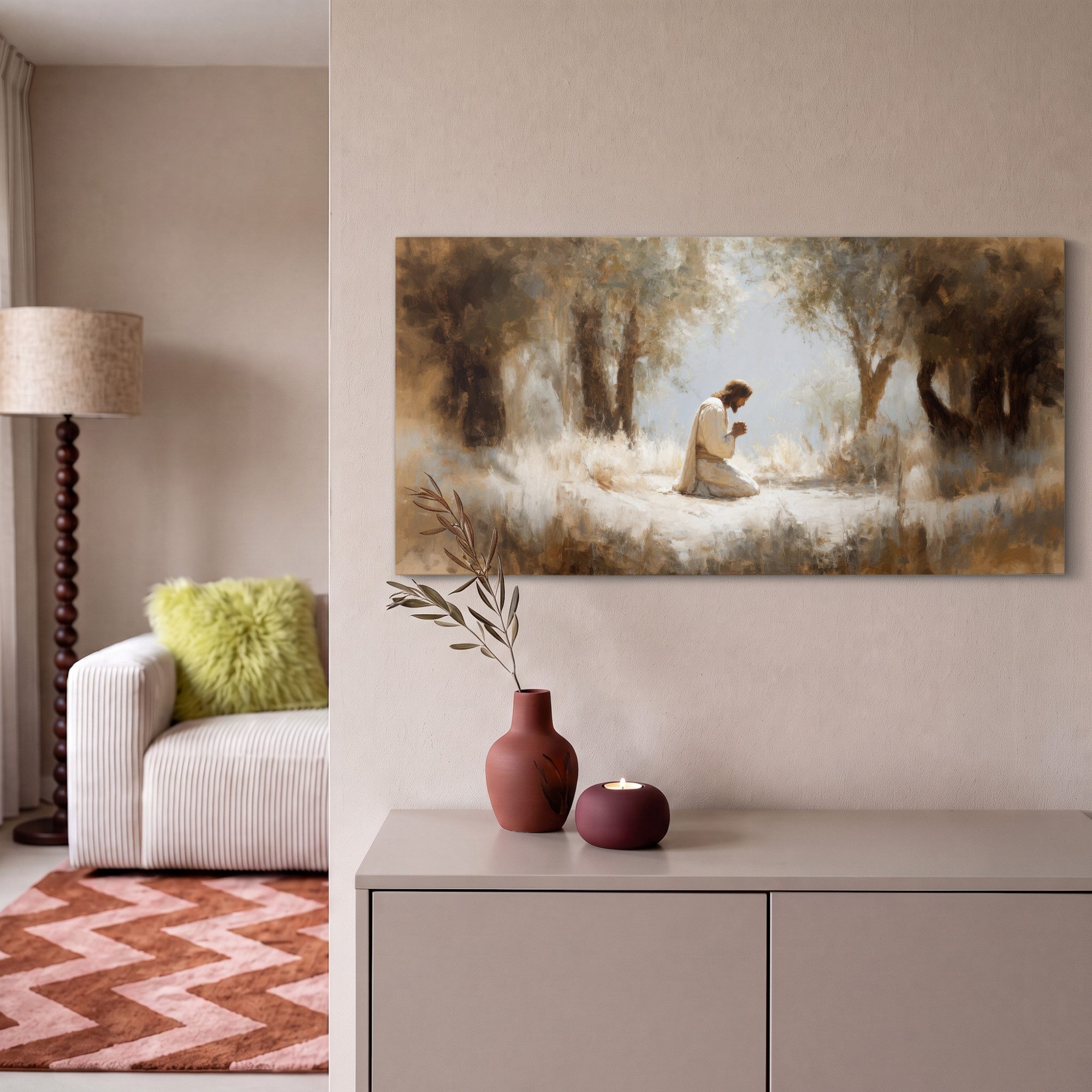 OneMillionCanvasses® Leinwandbild Panorama Jesus - Kniend - Waldlandschaft - Betend, Fotodruck (1 St), Wandbild, Deko Schlafzimmer Wohnzimmer Flur 40x20 cm – Bild 2 von 5
