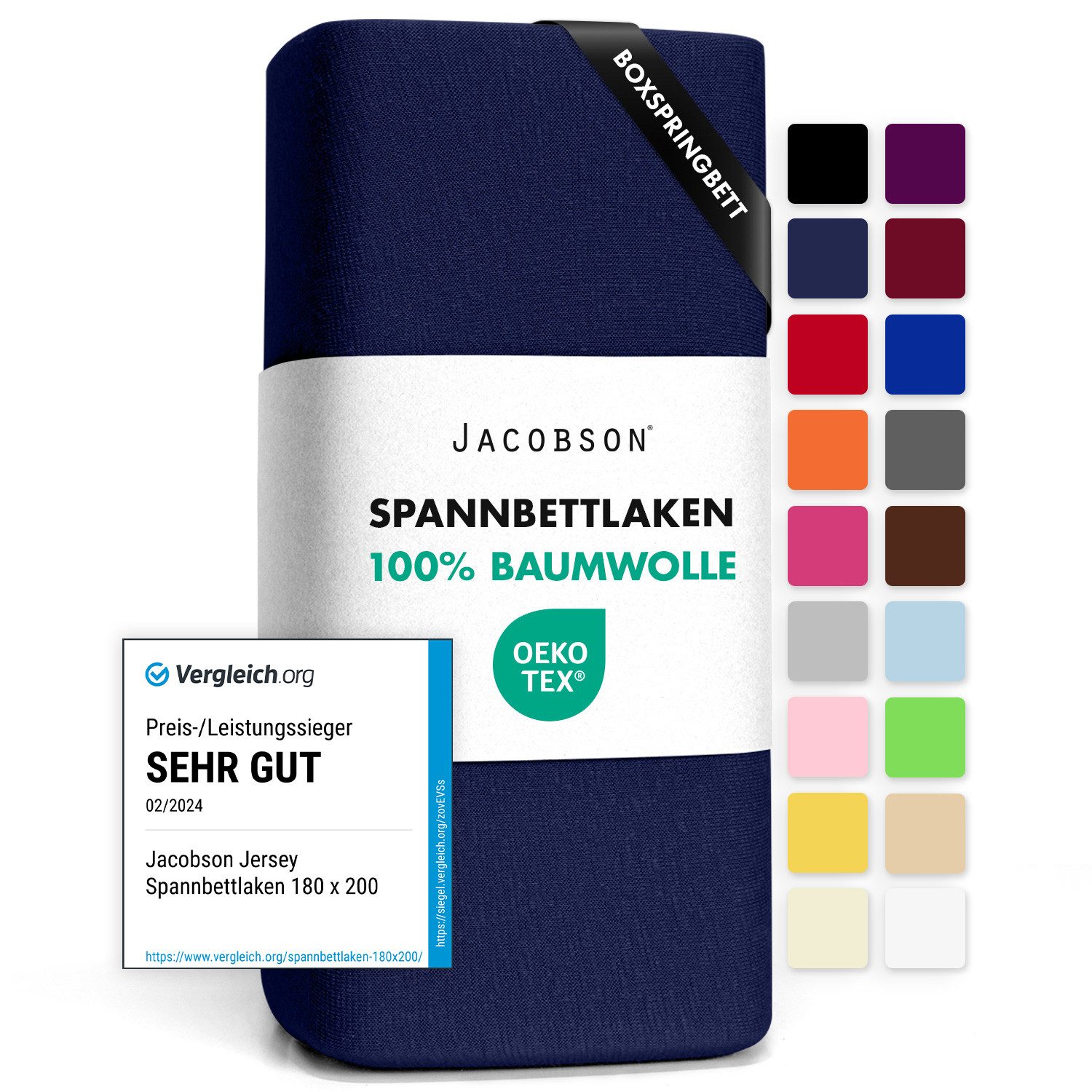 Jacobson Spannbettlaken BOXSPRING & ÜBERLÄNGE aus 100% Baumwolle, für hohe & lange Matratzen, Jersey Bettlaken 160 g/m², OEKO-TEX®