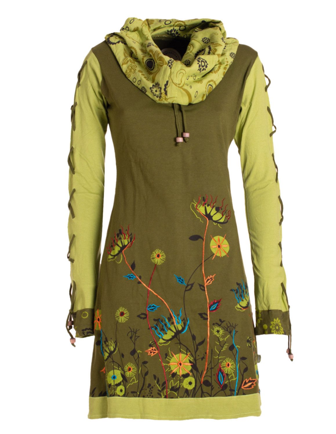 Vishes Minikleid Damen Blumen-Kleid Baumwollkleid Langarm-Shirtkleid Schal-Kragen Festival, Hippie, Alternative Bekleidung