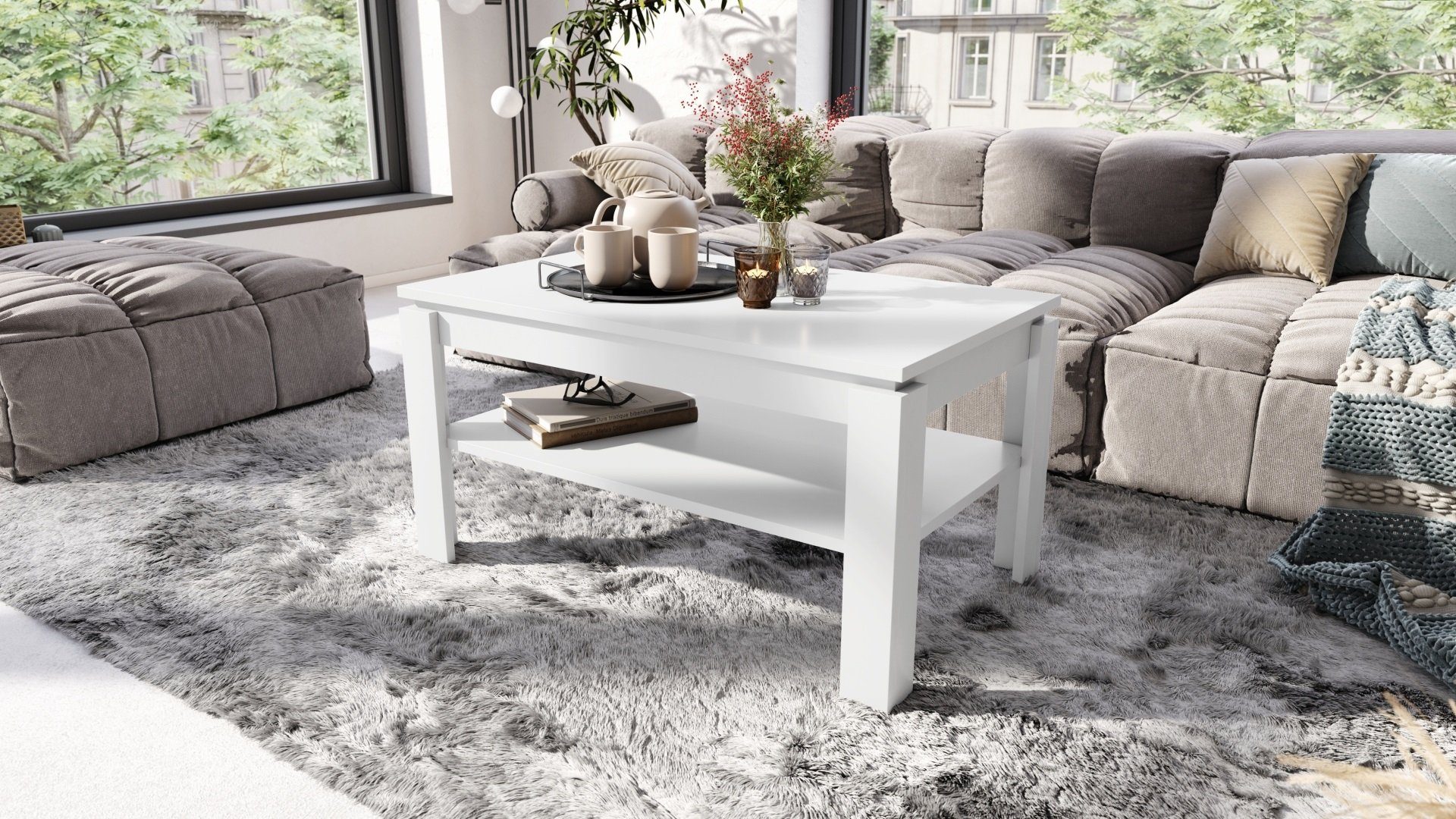 designimpex Couchtisch Design Couchtisch Tisch Asti-R ausziehbar mit Ablagefläche Esstisch Weiß matt | Couchtische