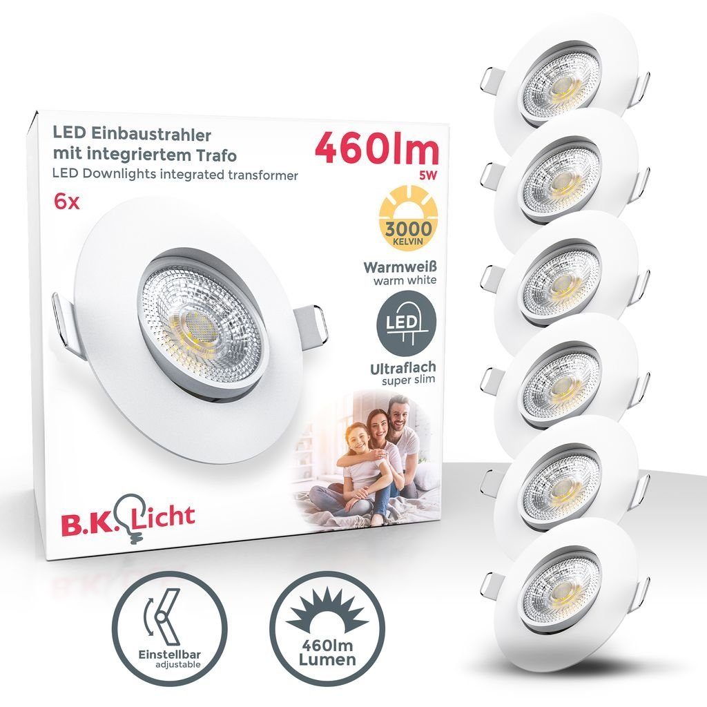 LED Watt 6er SET Lumen Warmweiß, 3.000 230V integriert, schwenkbar 30mm Deckenspots - fest weiß Kelvin B.K.Licht Ø68 mm Warmweiß 5 Einbaustrahler 460 Einbauspots Ultra-flach Leuchtmittel LED BKL1249,