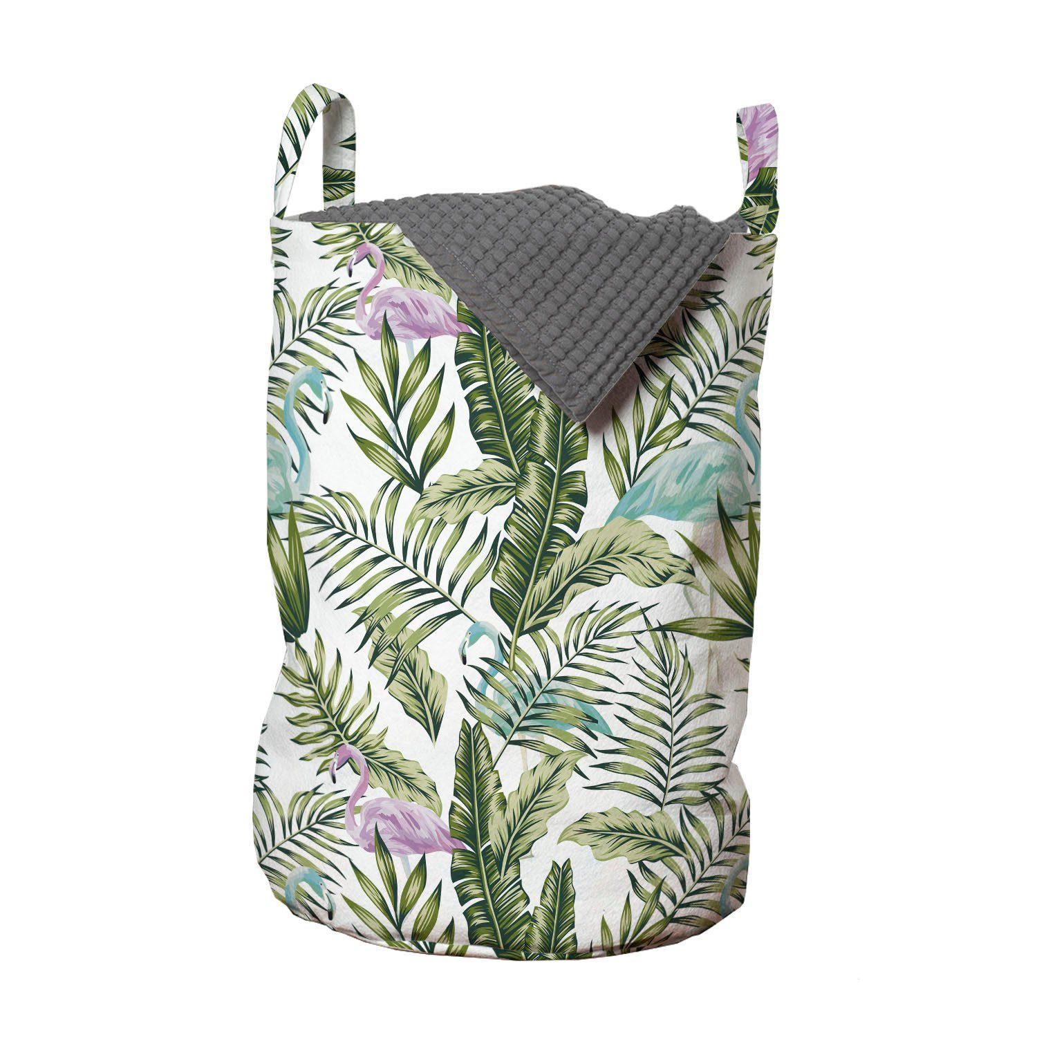 Abakuhaus Wäschesäckchen Wäschekorb mit Griffen Kordelzugverschluss für Waschsalons, Tropisch Palmblätter und Flamingos