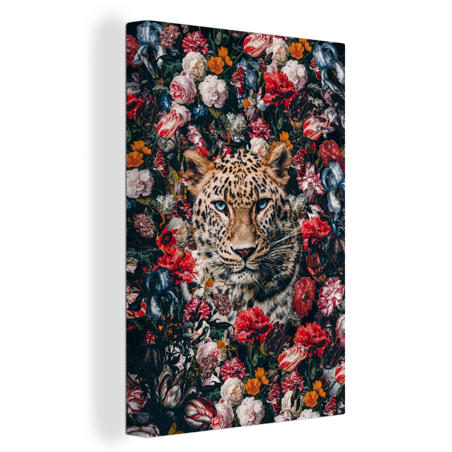 OneMillionCanvasses® Leinwandbild Leopard - Blumen - Mantel, (1 St), Leinwandbild fertig bespannt inkl. Zackenaufhänger, Gemälde, 20x30 cm