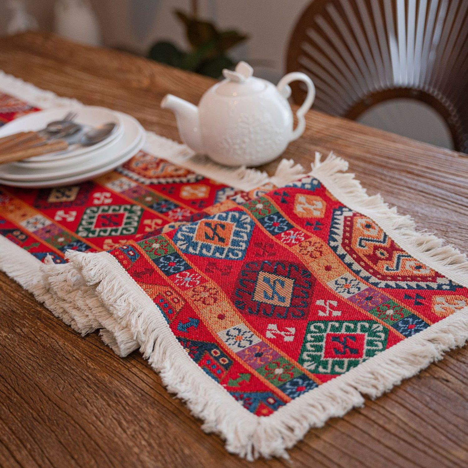 HOMEIDEAS Tischläufer, Rot Küchentischdekoration, Ethno-Stil Tischläufer, 30cm