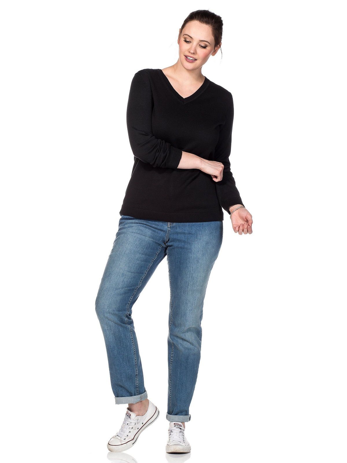Feinstrick aus Größen Sheego V-Ausschnitt-Pullover schwarz Große