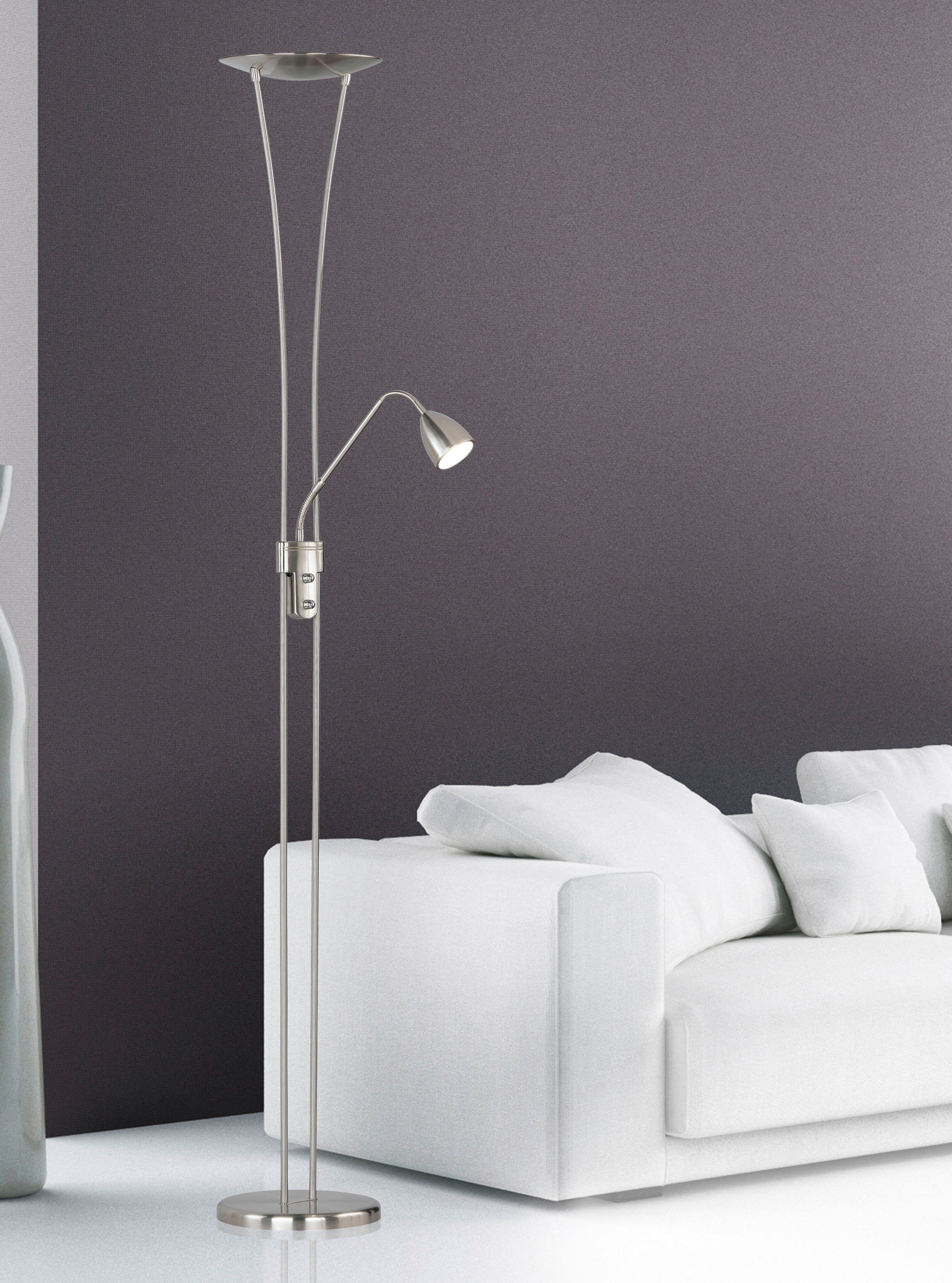Leuchten TRIO nickelfarben fest integriert LED Lesearm, Deckenfluter, Dimmfunktion, LED
