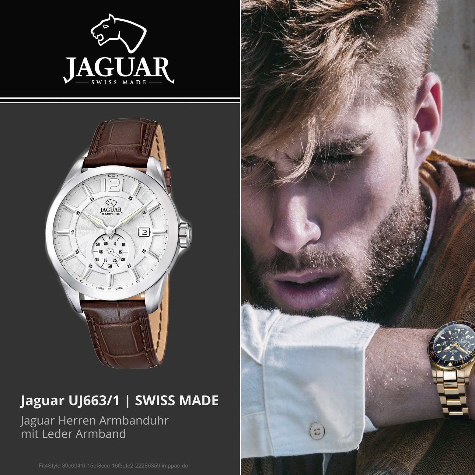 JAGUAR Quarzuhr Jaguar Herren Uhr Armbanduhr rund, J663/1, braun, Herren Elegant Lederarmband Quarz Elegant