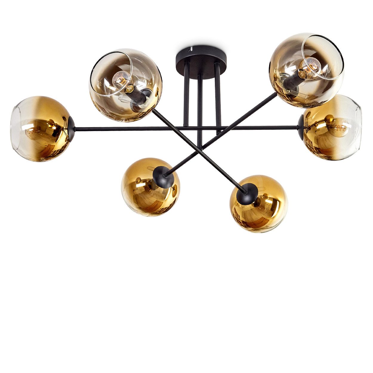 hofstein Deckenleuchte Deckenlampe aus Metall/Glas in Schwarz/Goldfarben/Klar, ohne Leuchtmittel, moderne Leuchte mit Glasschirmen (15 cm), 6 x E14, ohne Leuchtmittel