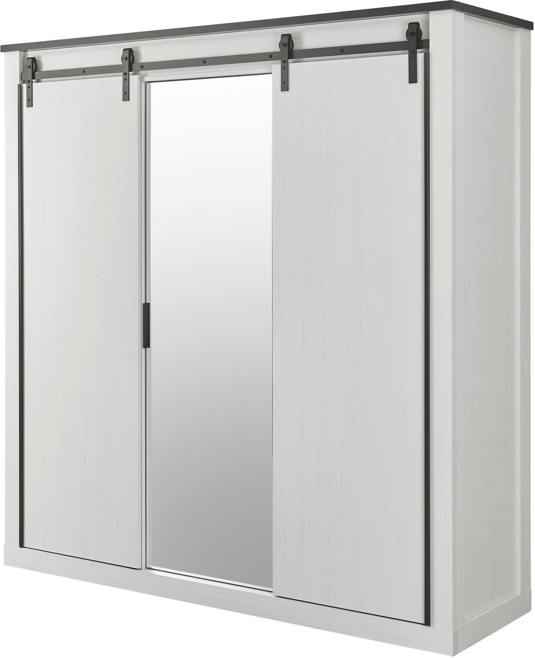 Home affaire Kleiderschrank SHERWOOD Schlafzimmerschrank mit Spiegel Wäscheschrank Schiebetüren mit Scheunentorbeschlag aus Metall, B/T/H 201/63/209cm