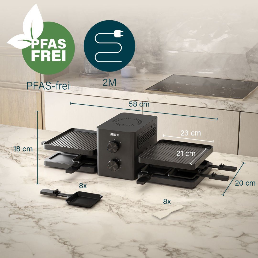 PRINCESS Raclette Princess 162660 Raclette Purify – Luftfiltersystem – Für 8 Personen, 8 Raclettepfännchen, Purify, Integriertes Luftfiltersystem, Klappbar, PFAS-Frei