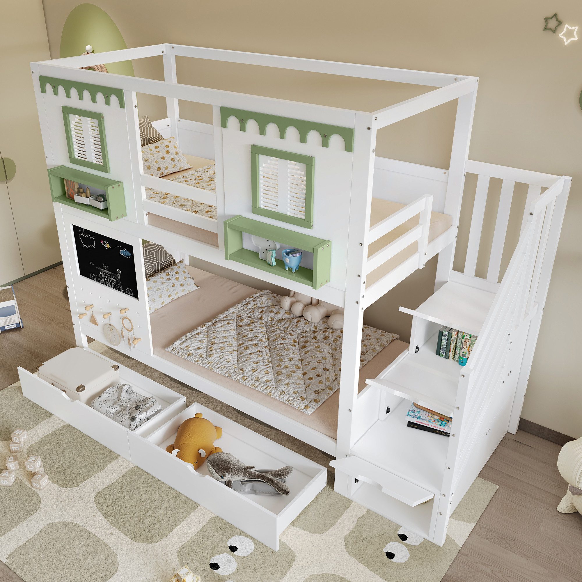 Merax Etagenbett 90x200cm mit Fenster Design (Jugendbett Hausbett Stockbett Doppelbett, 1-St), Kiefernholz Kinderbett mit 2 Schubladen, Stauraumtreppe, Tafel &  – Bild 3 von 5