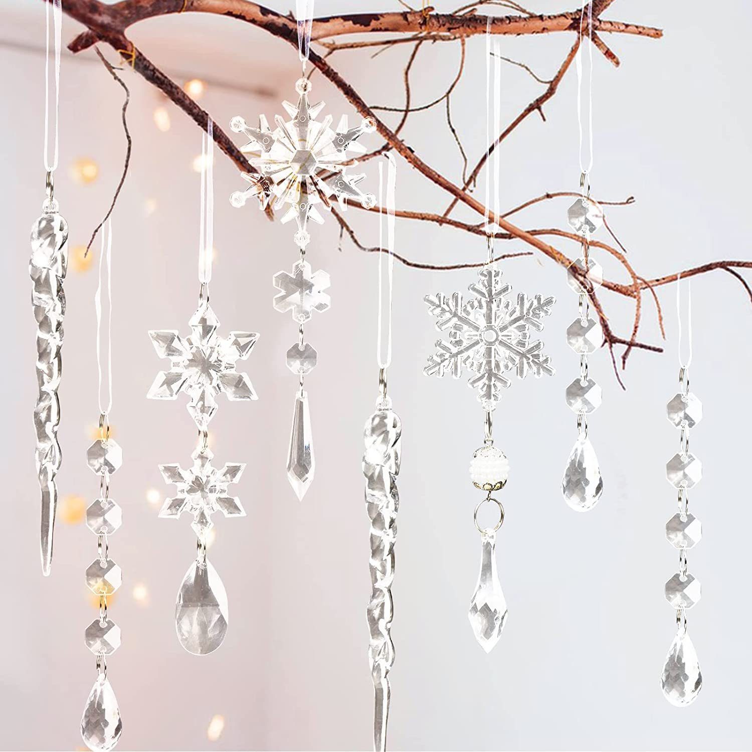 Lamon Christbaumschmuck 10 Stück hängende Kristallornamente, Tropfen Eiszapfen transparent Weihnachtsschneeflocken Weihnachtsbaumschmuck