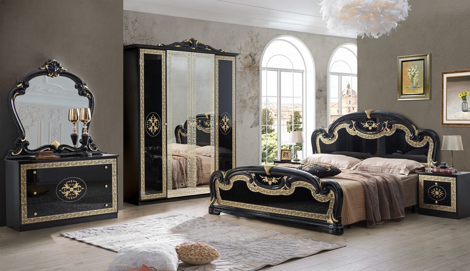 Interdesign24 Schlafzimmer-Set Paola, (6-Teilig, im ausgefallenem Barock-Stil, inkl. Bett 160 x 200 cm und Kleiderschrank mit Spiegeltüren), in Schwarz/Gold Hochglanz