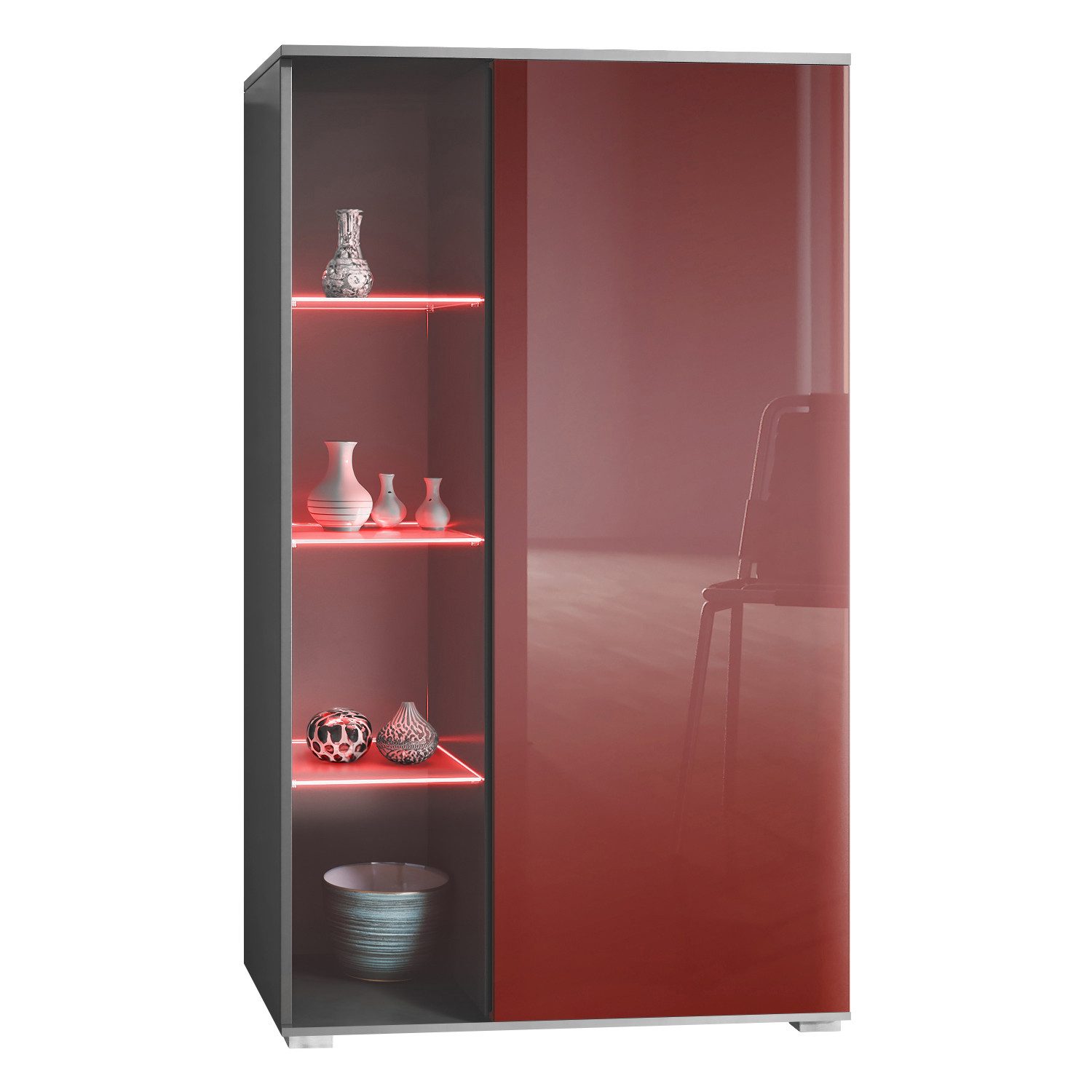 Vladon Standvitrine Davos (Standvitrine, mit 3 Glasböden und 8 Fächer inkl. LED) Anthrazit matt/Bordeaux Hochglanz (71,5 x 134 x 35 cm)