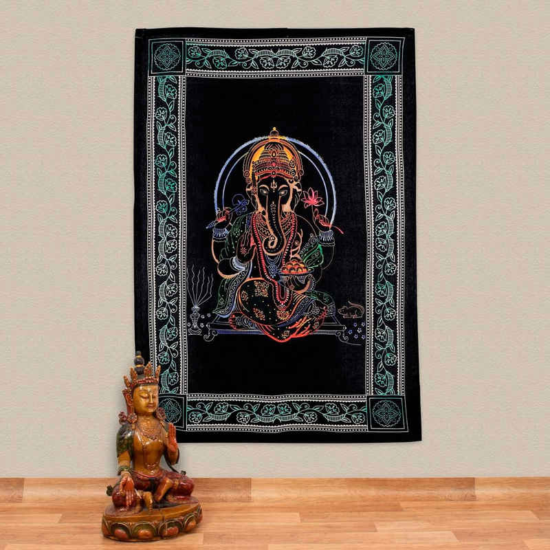 Wandteppich Tagesdecke Wandbehang Lord Ganesha Meditation UV Aktiv ca. 200x135cm, KUNST UND MAGIE