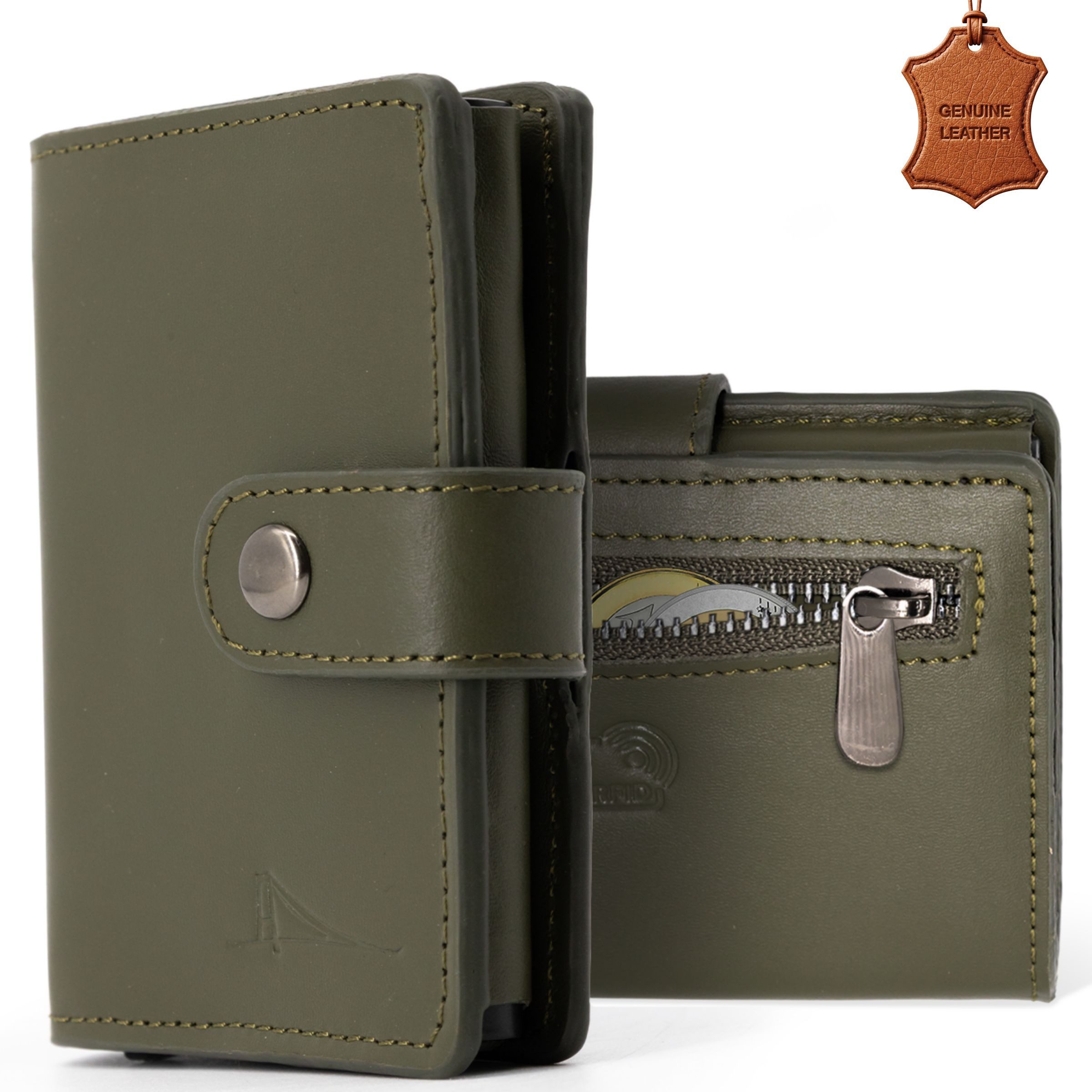 herémood Geldbörse Portemonnaie Damen & Herren, Leder Geldbörse Wallet mit RFID Schutz (Echtleder Herren Geldbörse, Geburtstagsgeschenk für Männer,Slim Wallet, 1-tlg., Card Holder Grün Echtleder Brieftasche Smart Wallet Geldbeutel), Diebstahlschutz, Rindleder, Druckknopfverschluss, Minimalist