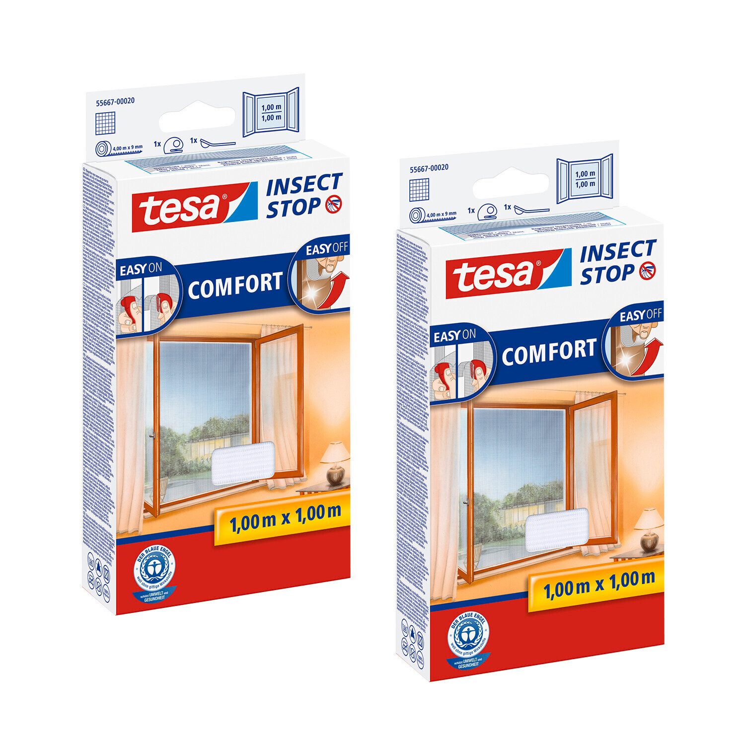 tesa Fliegengitter-Gewebe Insect Stop Comfort Fliegengitter für Fenster, (Spar-Set, 2-St., Fliegennetz, Klettband, Andrück und Schneidehilfe), individuell zuschneidbar - Insektenschutz ohne Bohren - weiß