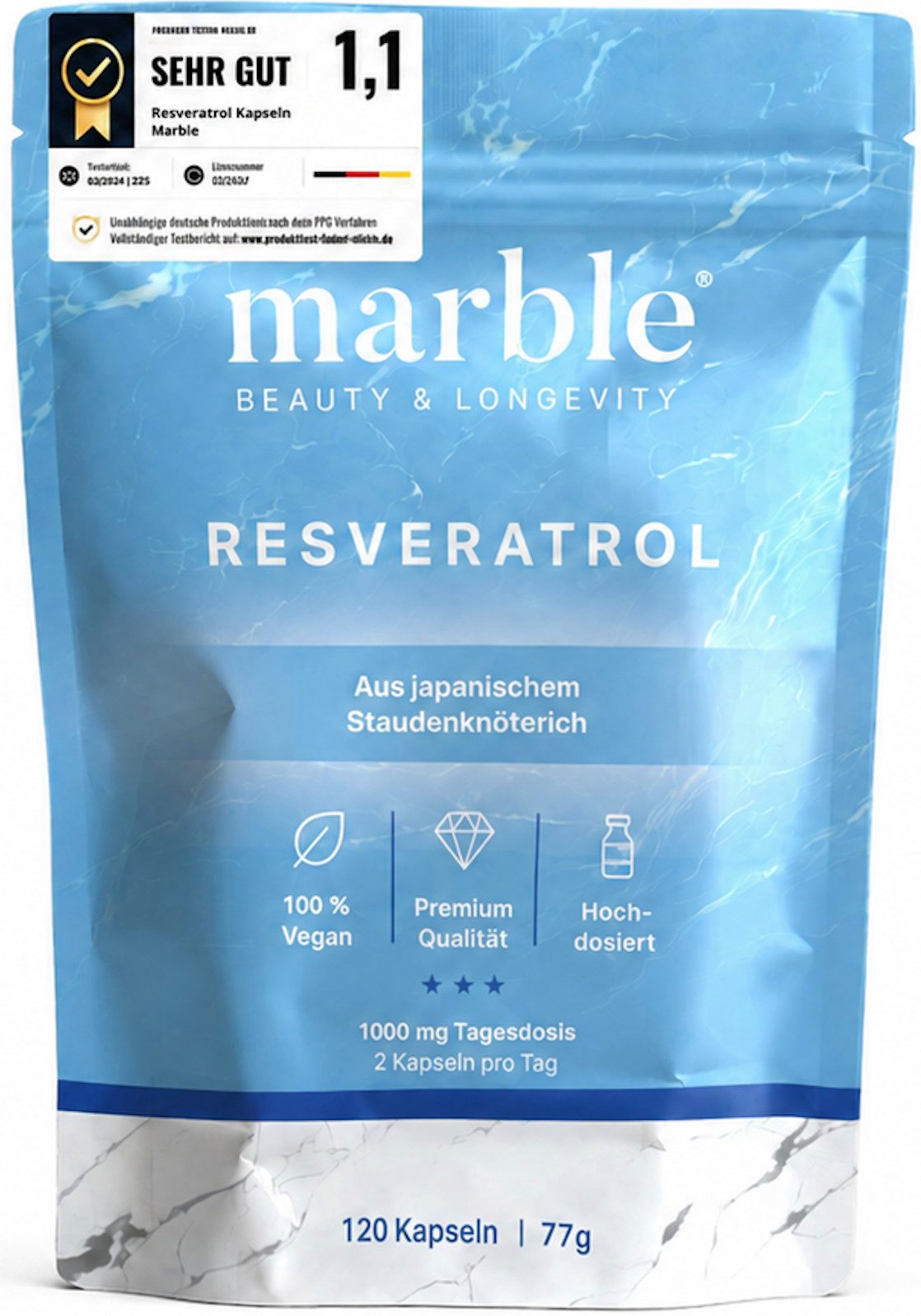 Marble Resveratrol 1000mg 120 Kapseln aus Staudenknöterich - marble® Kapseln, 77 g