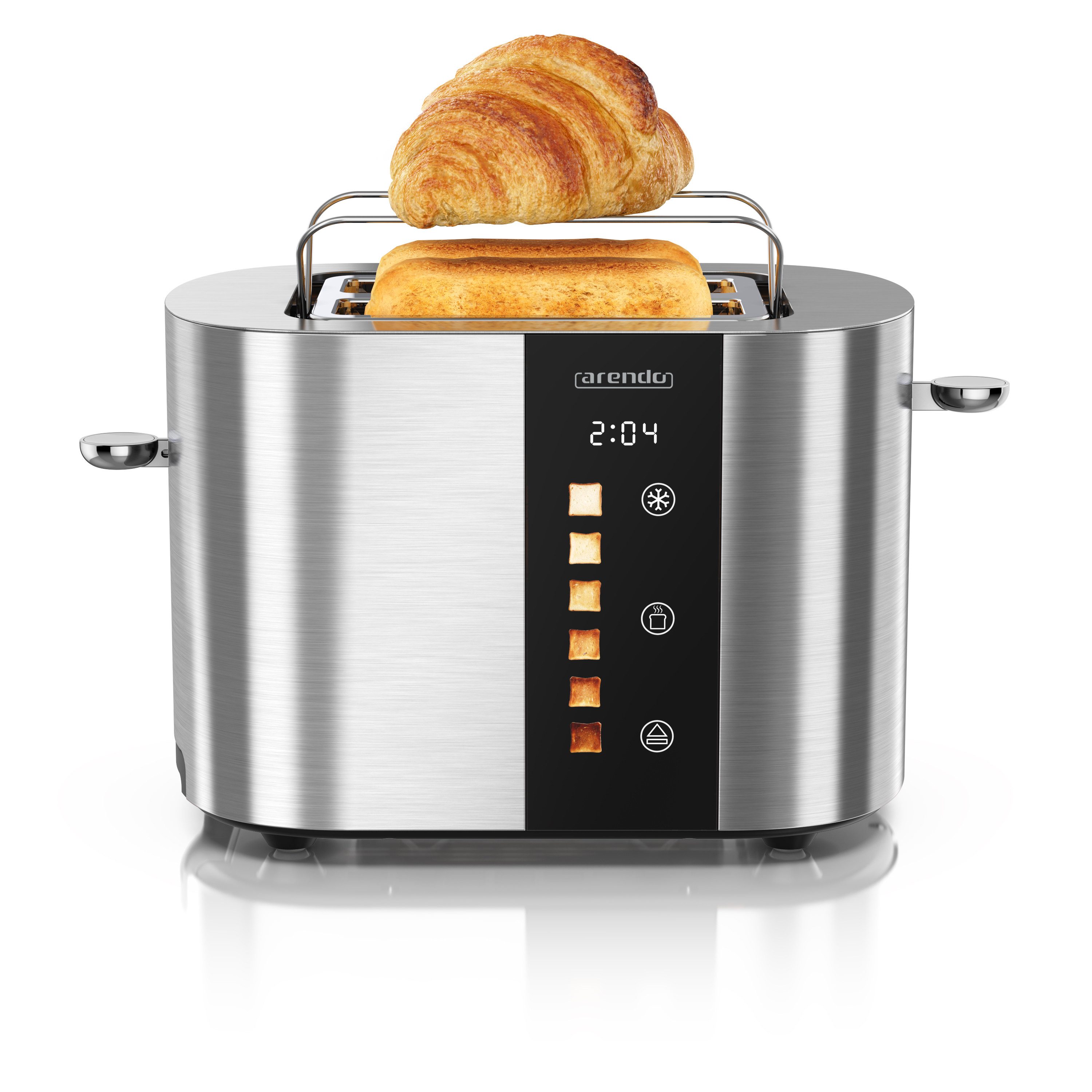 Arendo Toaster Edelstahl, Kurzschlitz, Touch Display, Restzeit & Bräunungsgradanzeige, 2 Schlitze, für 2 Scheiben, 800 W, Brötchenaufsatz, Wärmeisoliert, Toast-Symbole für Bräunungsgradauswahl