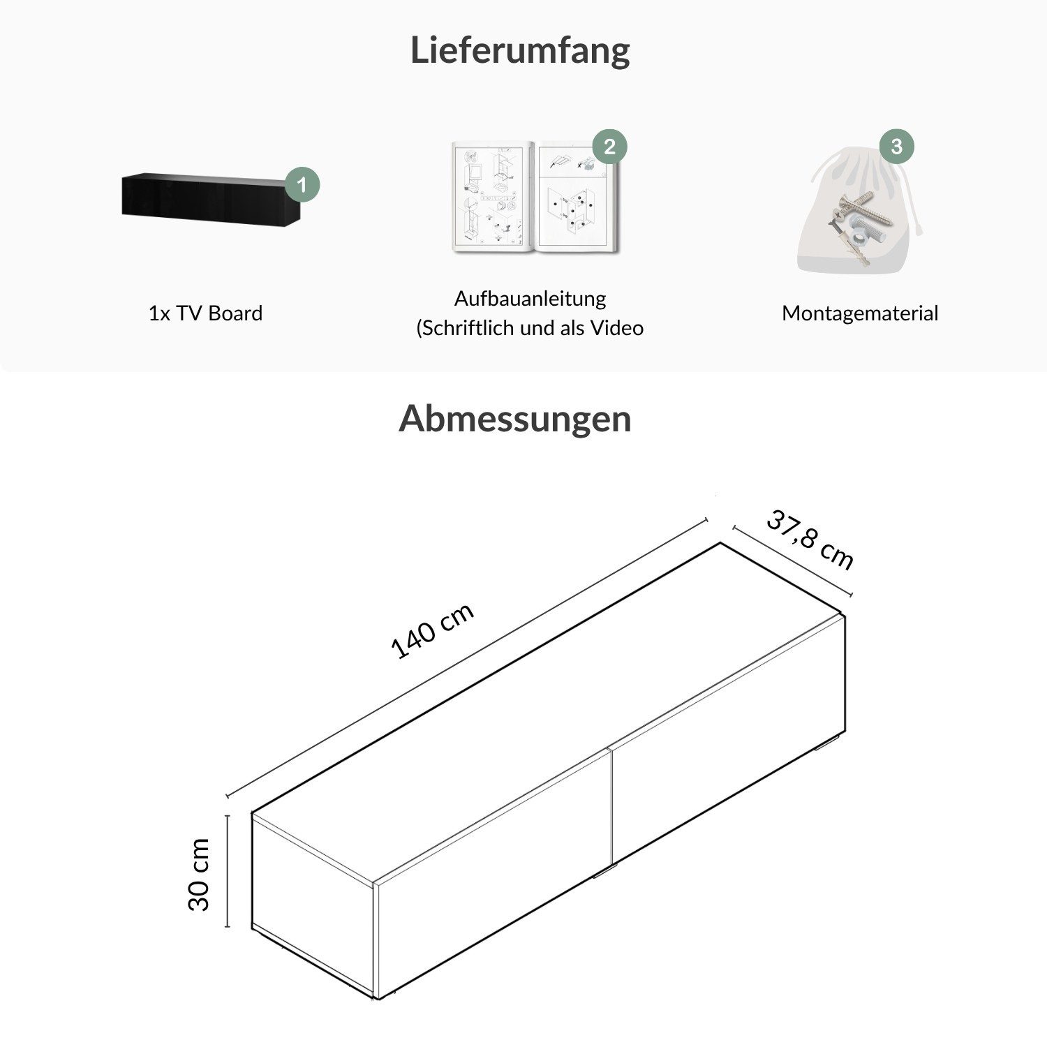 Planetmöbel TV-Schrank West TV-Board, Fernsehtisch 140 cm lang, TV-Lowboard (für Fernseher bis 65 Zoll, TV Schrank viel Stauraum, sideboard hängend, Fernsehschr – Bild 5 von 5