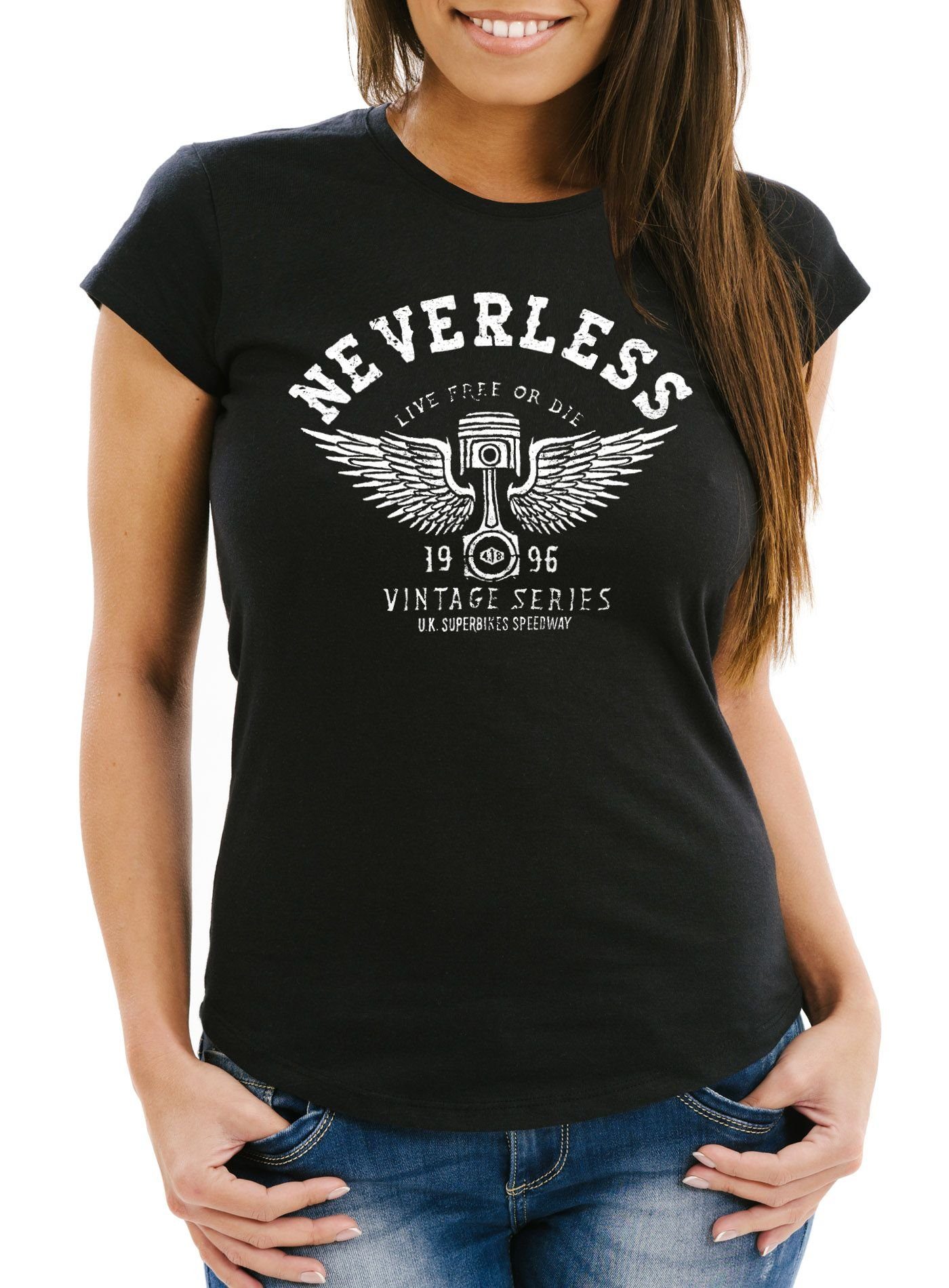 Print-Shirt Damen T-Shirt Biker Motorrad Motorblock Engine Flügel Wings Slim Fit Neverless® mit Print
