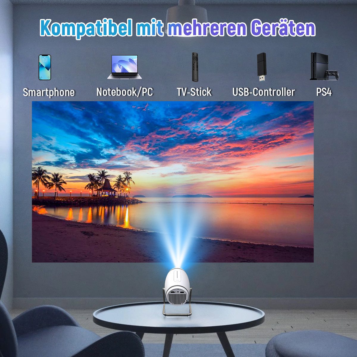 BUFO 4K Mini Beamer Portable 130 Zoll, 180° Rotatable, Auto Keystone Portabler Projektor (150 lm, 1500:1, 1280 x 720 px, Mini Beamer mit HDMI/TV Stick/USB / PS5 (L), WiFi 6 und Bluetooth 5.4)