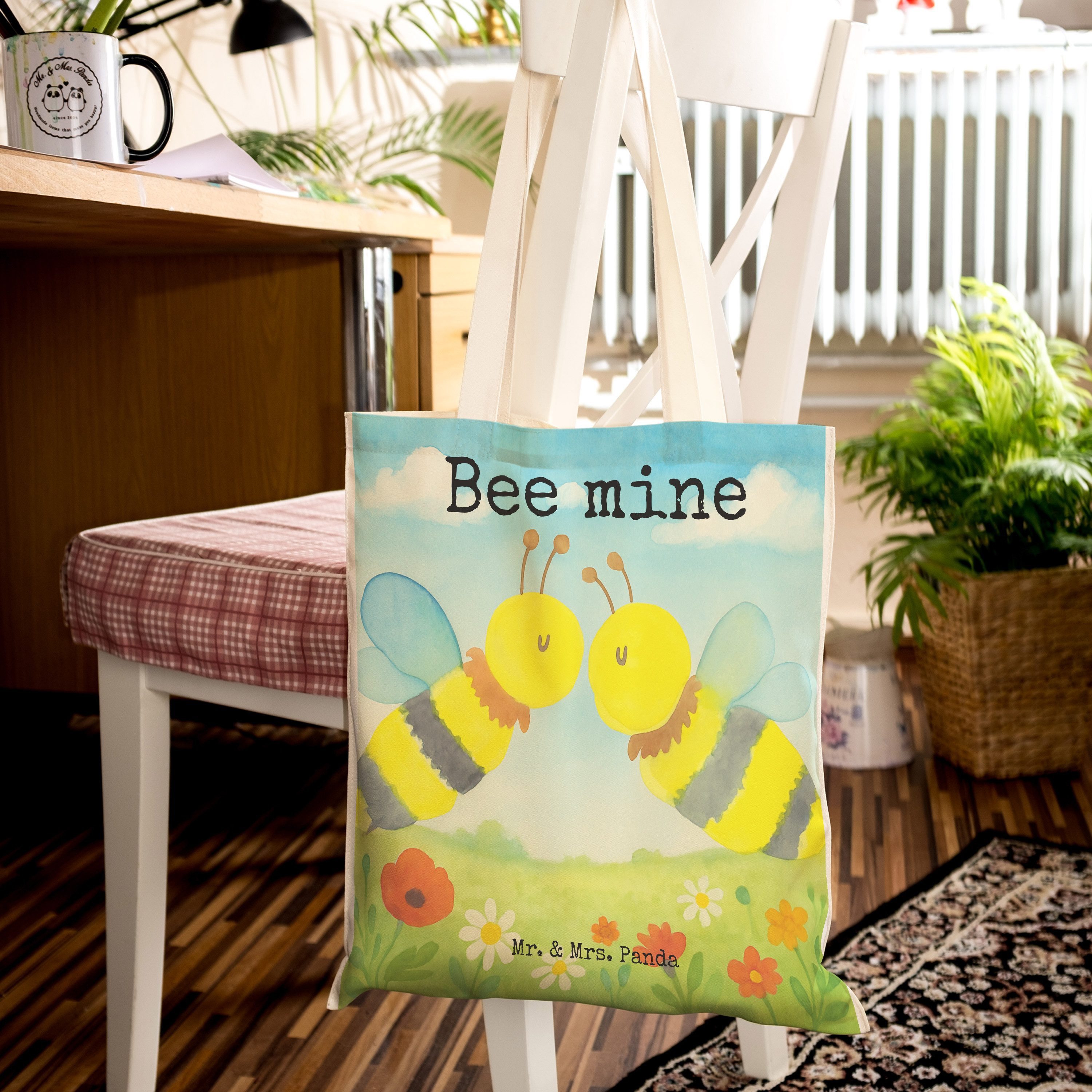 Mr. & Mrs. Panda Tragetasche Biene Liebe Design, shopping bag, Weiß, Tote Bag, Beutel, Beuteltasch (Packung), shopping bag Shoppingbag Stofftragetasche