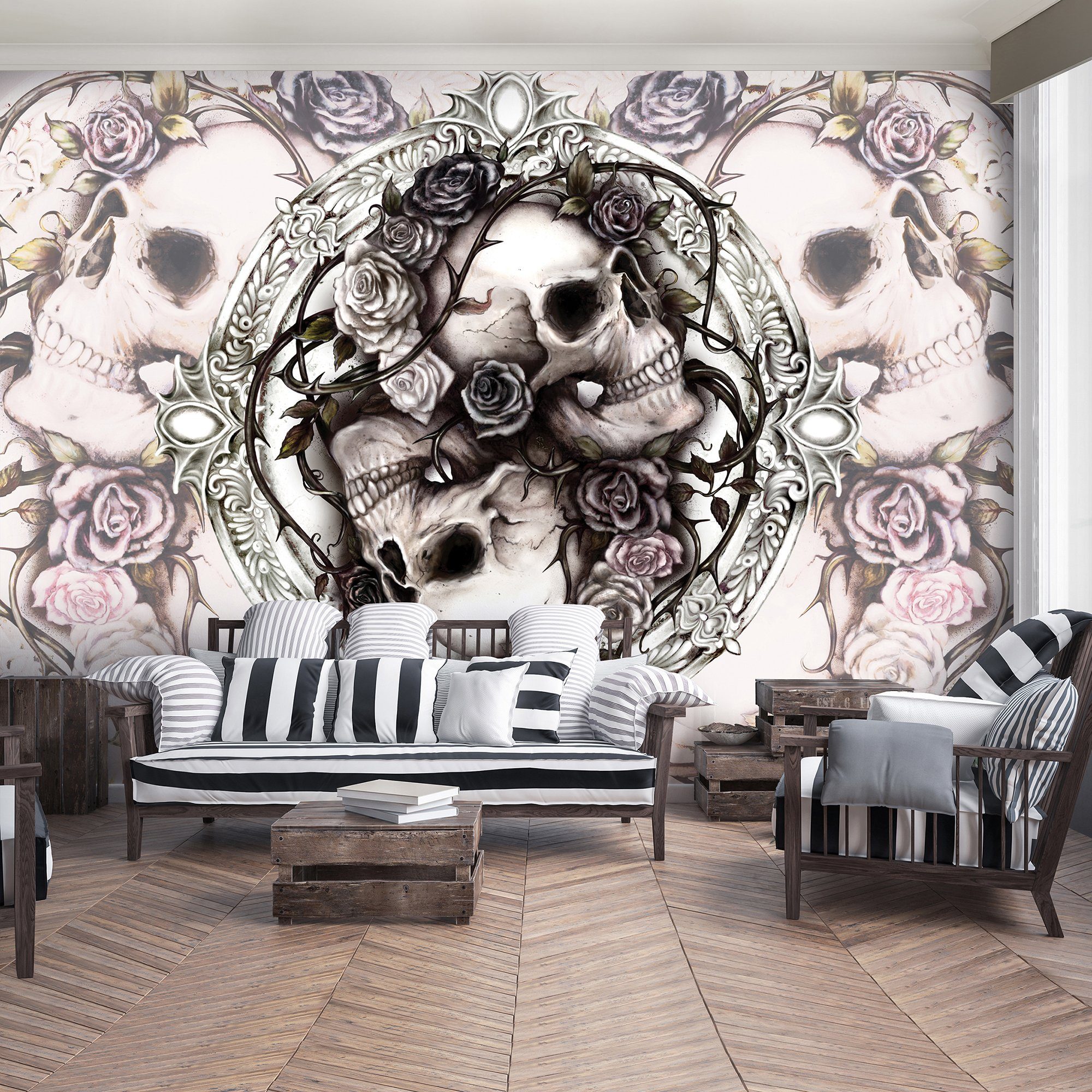 Wallarena Fototapete Totenkopf Schädel Blumen Tapete Wohnzimmer Schlafzimme günstig online kaufen