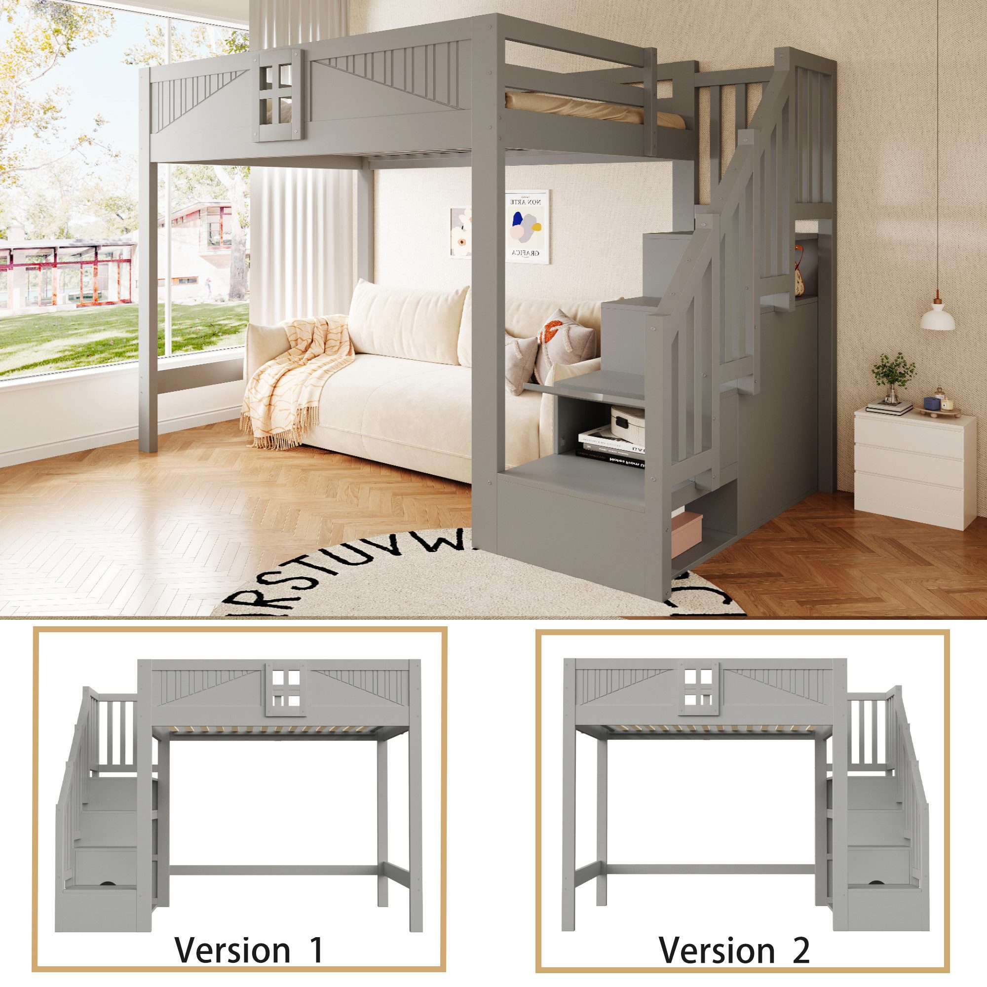Celya Hochbett Massivholz Multifunktionsbett 140 x 200 cm mit Stauraum (ohne Matratze, Mit Einzigartigem Sicherheitsgitter Mit Fenster) Beidseitig Austauschbare – Bild 3 von 5