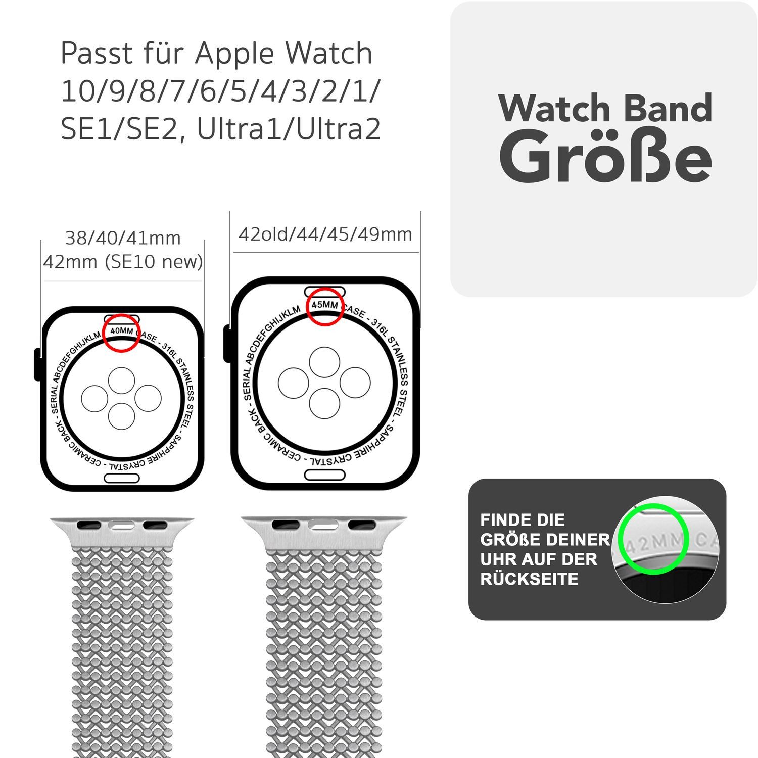 Nalia Smartwatch-Armband Apple Watch 38mm/40/41/42(Serie 10), Elegantes Edelstahl Ersatzarmband / für Fitness Uhr / Mesh Struktur