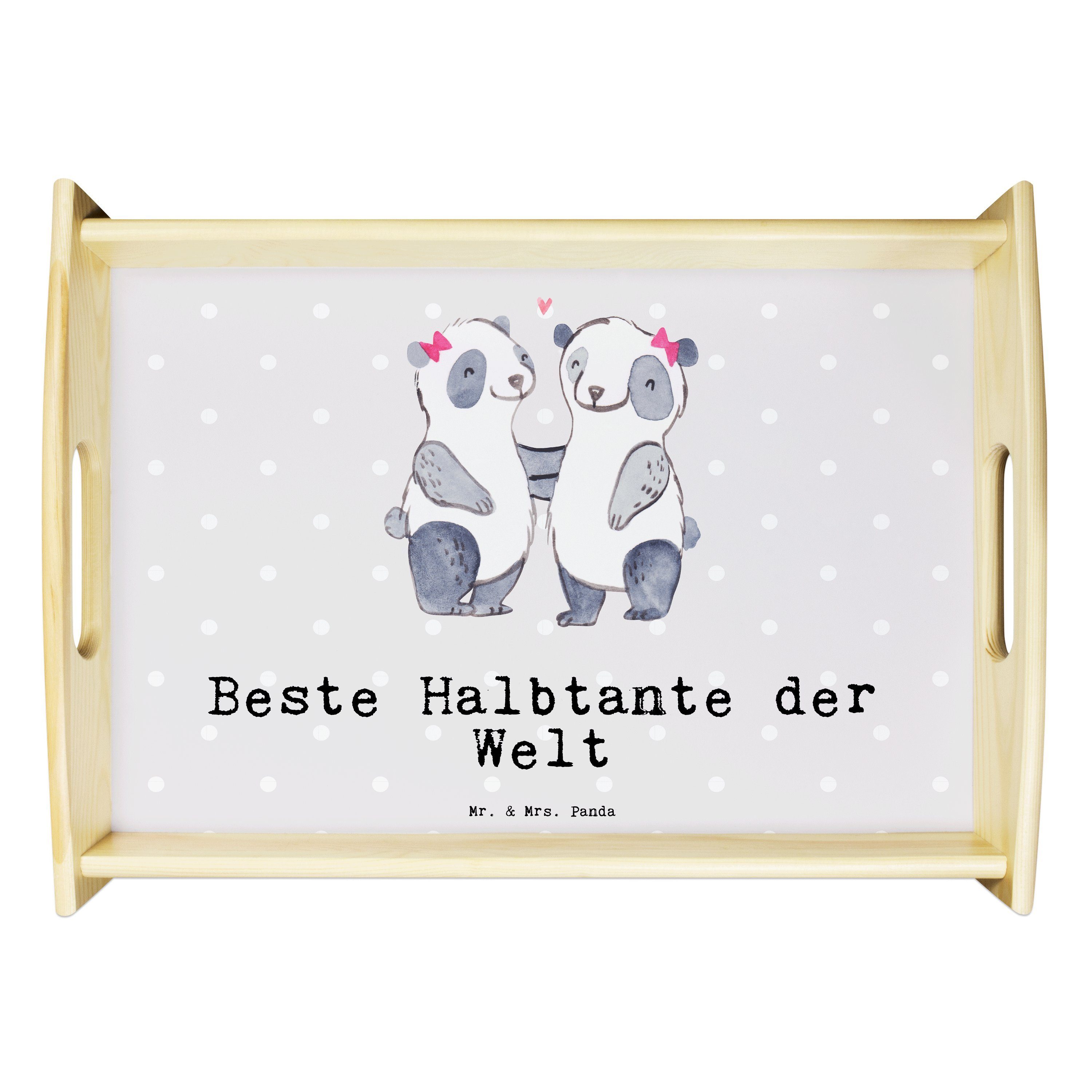 Mr. & Mrs. Panda Tablett Panda Beste Halbtante der Welt - Grau Pastell - Geschenk, Frühstückst, Echtholz lasiert, (1-tlg)