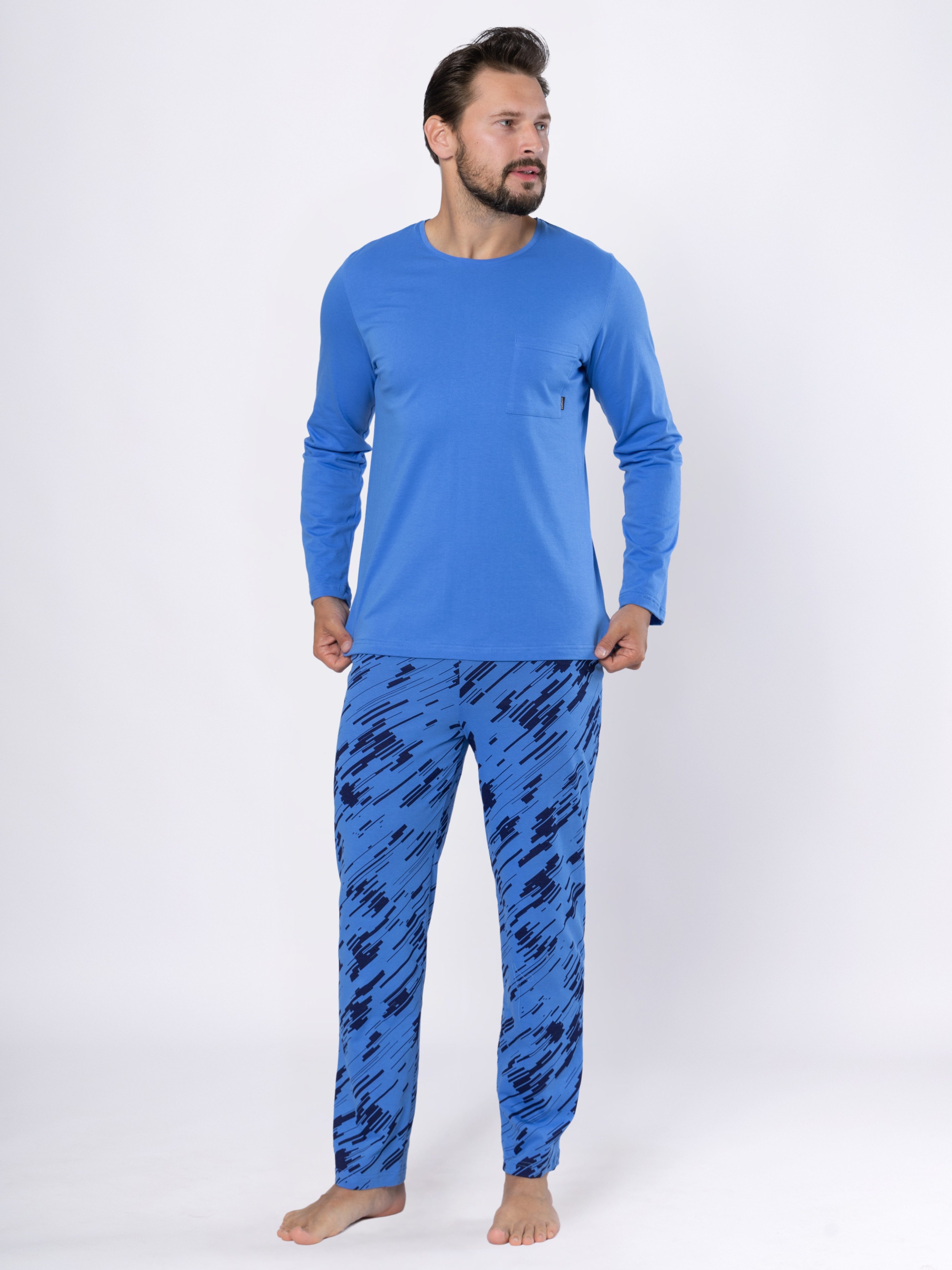 HOTBERG Pyjama Schlafanzug-Set Herren lang Baumwolle (2 tlg) Blau-Marine Nachtwäsche mit All-Over-Print