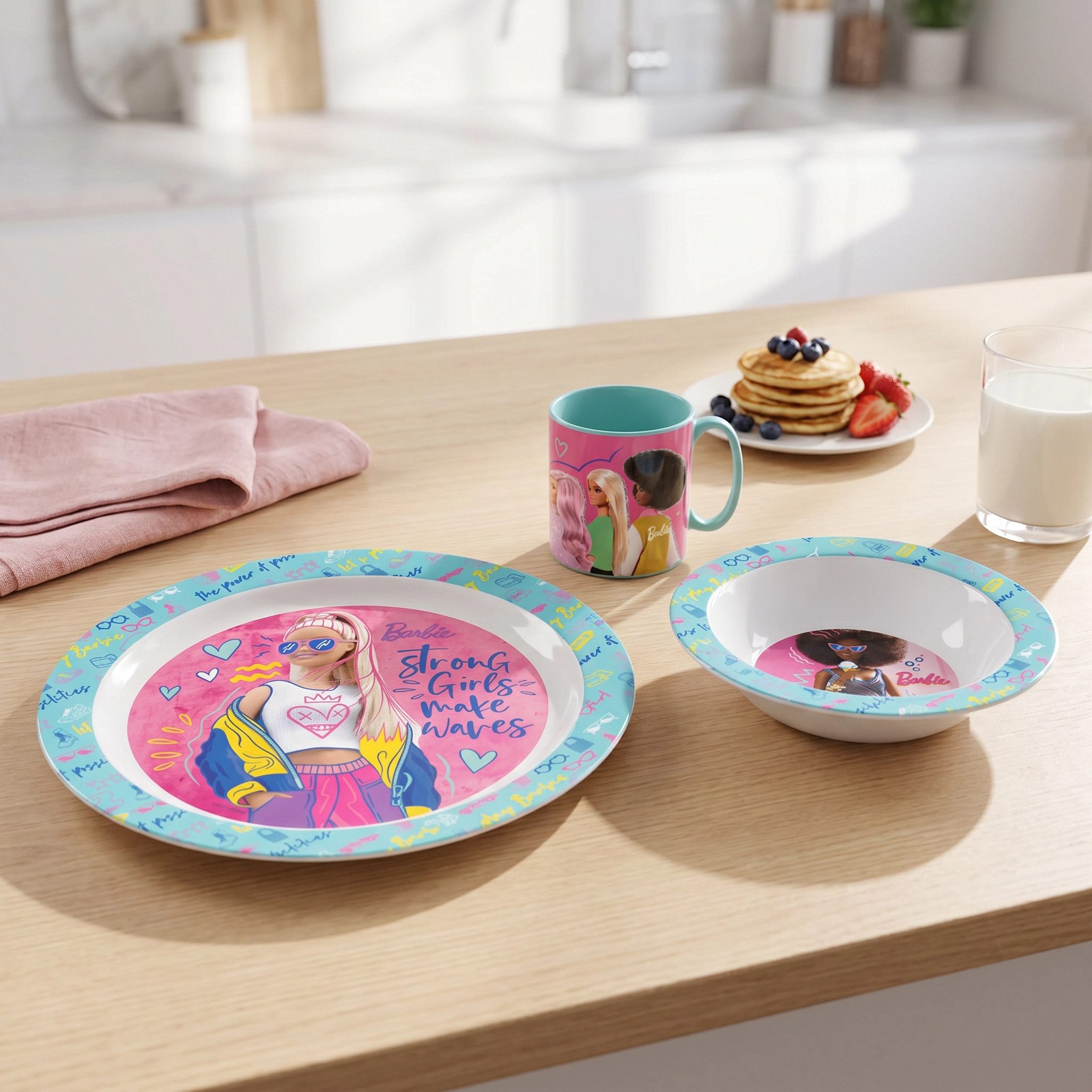 Barbie Kindergeschirr-Set Barbie Kinder 3 teiliges Frühstücks Set Teller und Schüssel und Becher (3-tlg), 1 Personen, Kunststoff