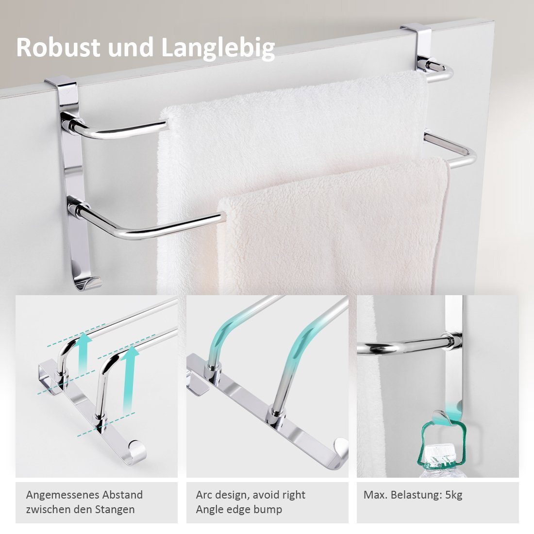 EMKE Handtuchhalter Edelstahl Wand-Handtuchhalter mit Haken – Ohne Bohren für Bad & Küche, 2 Stangen Handtuchstange, ohne Bohren, 41x18x12,4cm