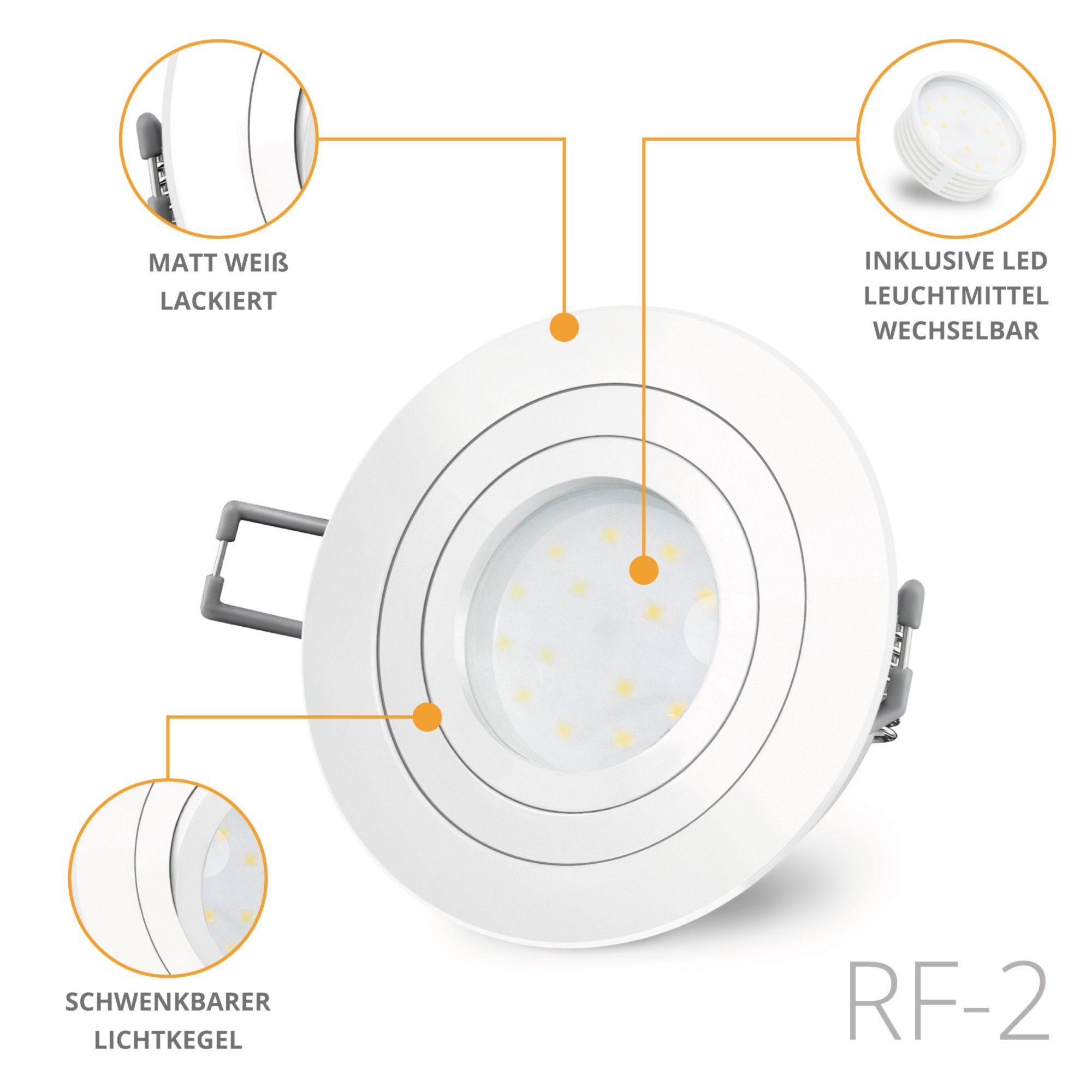 Einbauspot LED LED LED RF-2 230, flach schwenkbar Warmweiß Modul SSC-LUXon & runder mit Einbaustrahler weiss
