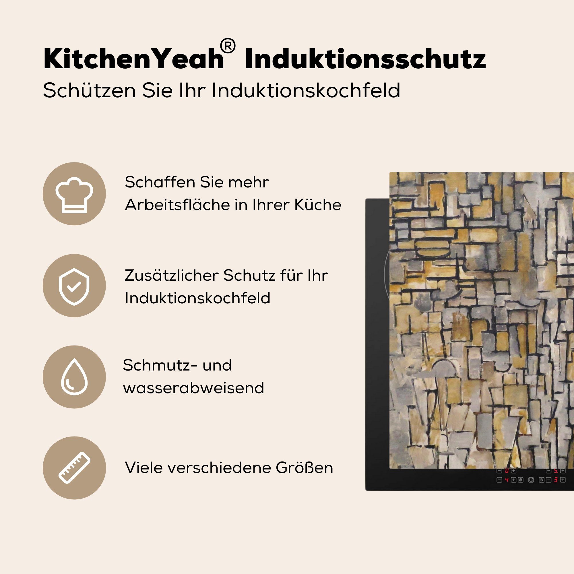 (1 Kunst cm, MuchoWow Küchen Induktionsherd, tlg), Induktionskochfeld Mondrian 58x51 - Dekoration für Alte Vinyl, - Meister, Herdblende-/Abdeckplatte