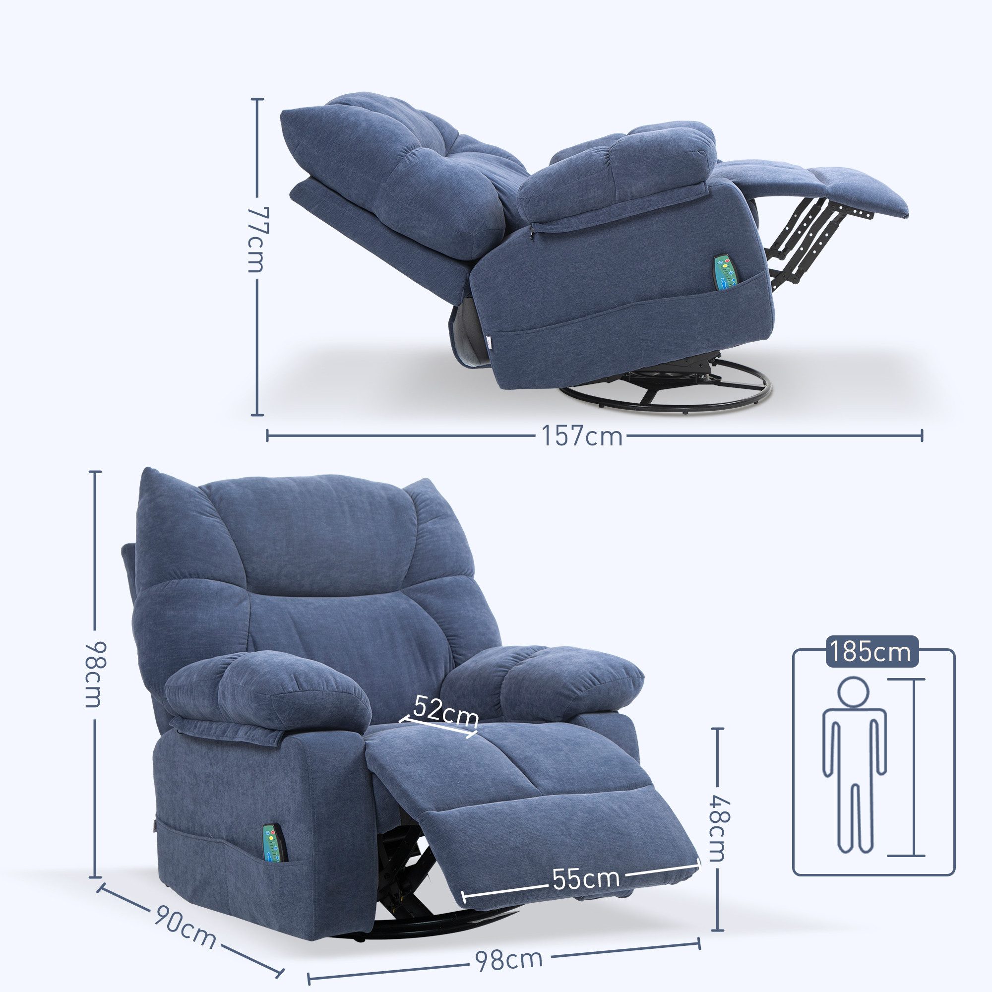 HOMCOM Massagesessel Fernsehsessel, TV-Sessel, 360° drehbar (Ruhesessel, 1-St., Relaxsessel), für Wohnzimmer, Blau