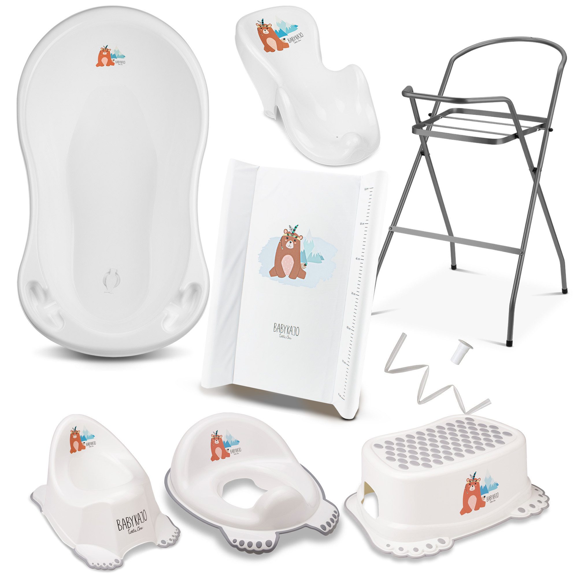 Babykajo Babybadewanne mit Ständer, (Set, 8-tlg), Wanne, Sitz, Wickelauflage, Gestell, Abfluss, Töpfchen, Hocker WC-sitz